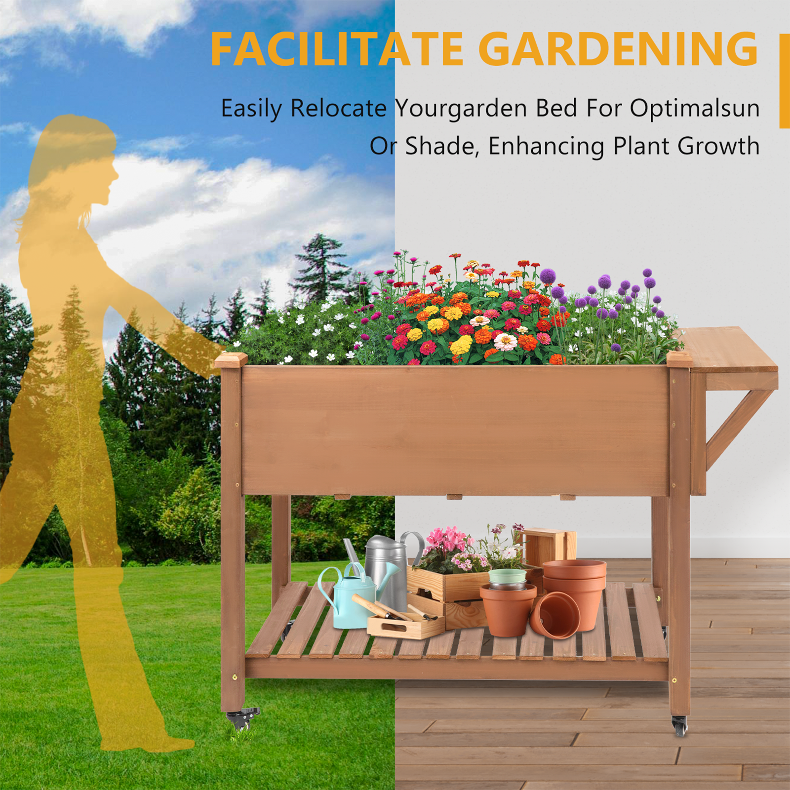 55.5x23x33in Mobile Elevated Wood Planter with Wheels, Shelf, Liner-GF23W