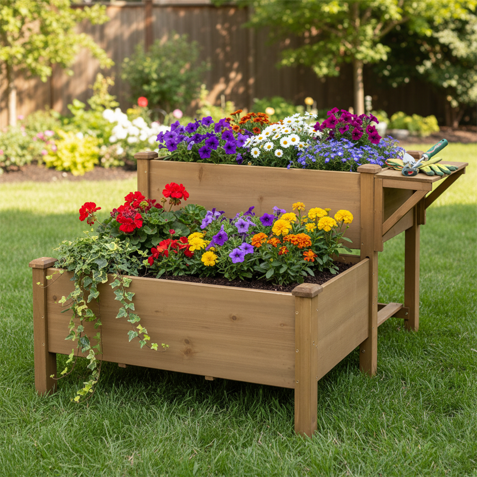 2-Tier Raised Garden Bed Outdoor Elevated Garden Box with Storage Shelf-GF25