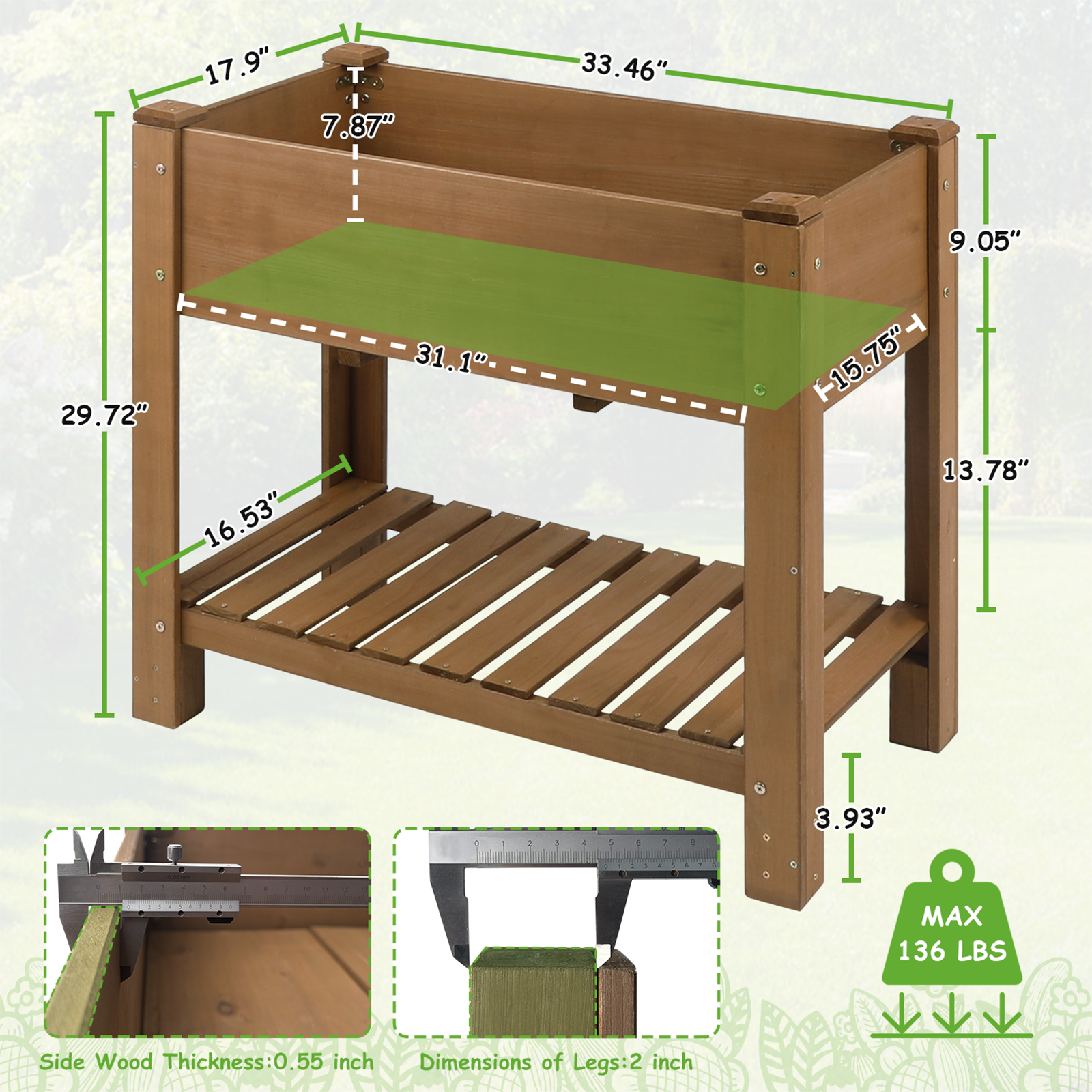 33.46″L Raised Garden Bed Wooden Elevated Planter Box with Storage Shelf-GF27