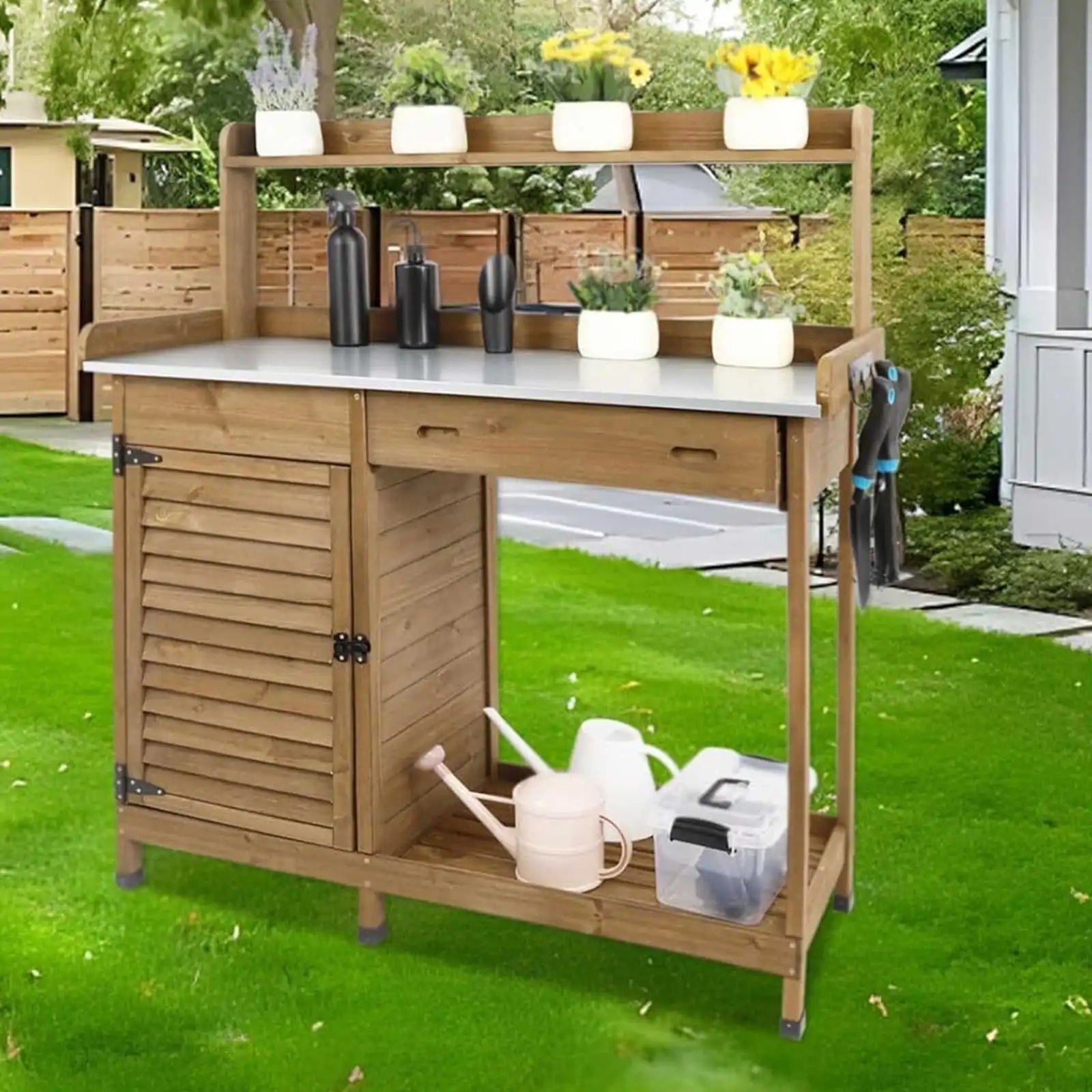 Side view of PETSCOSSET garden workbench with storage shelves