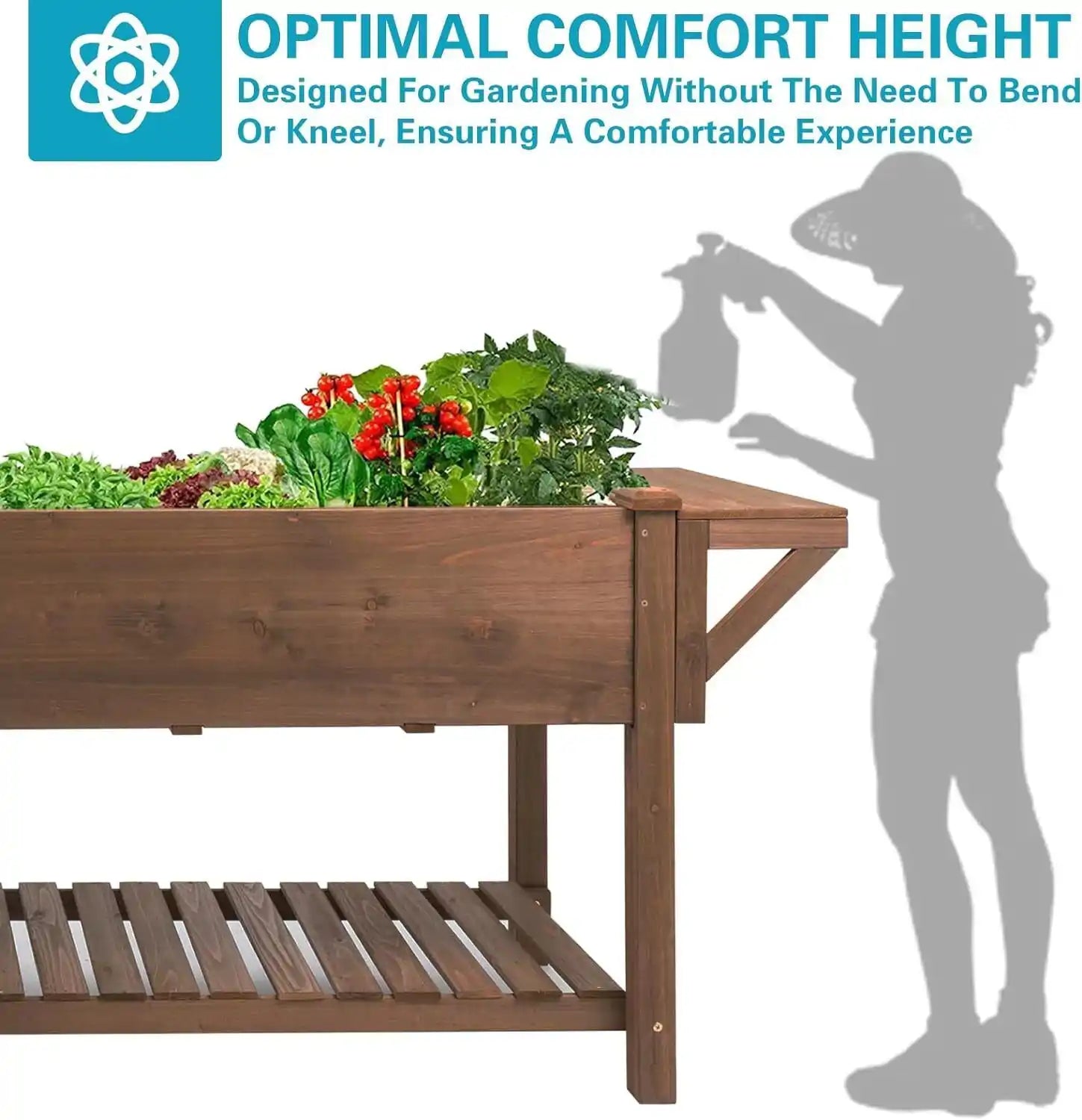 Assembled wooden raised garden bed in sunlight