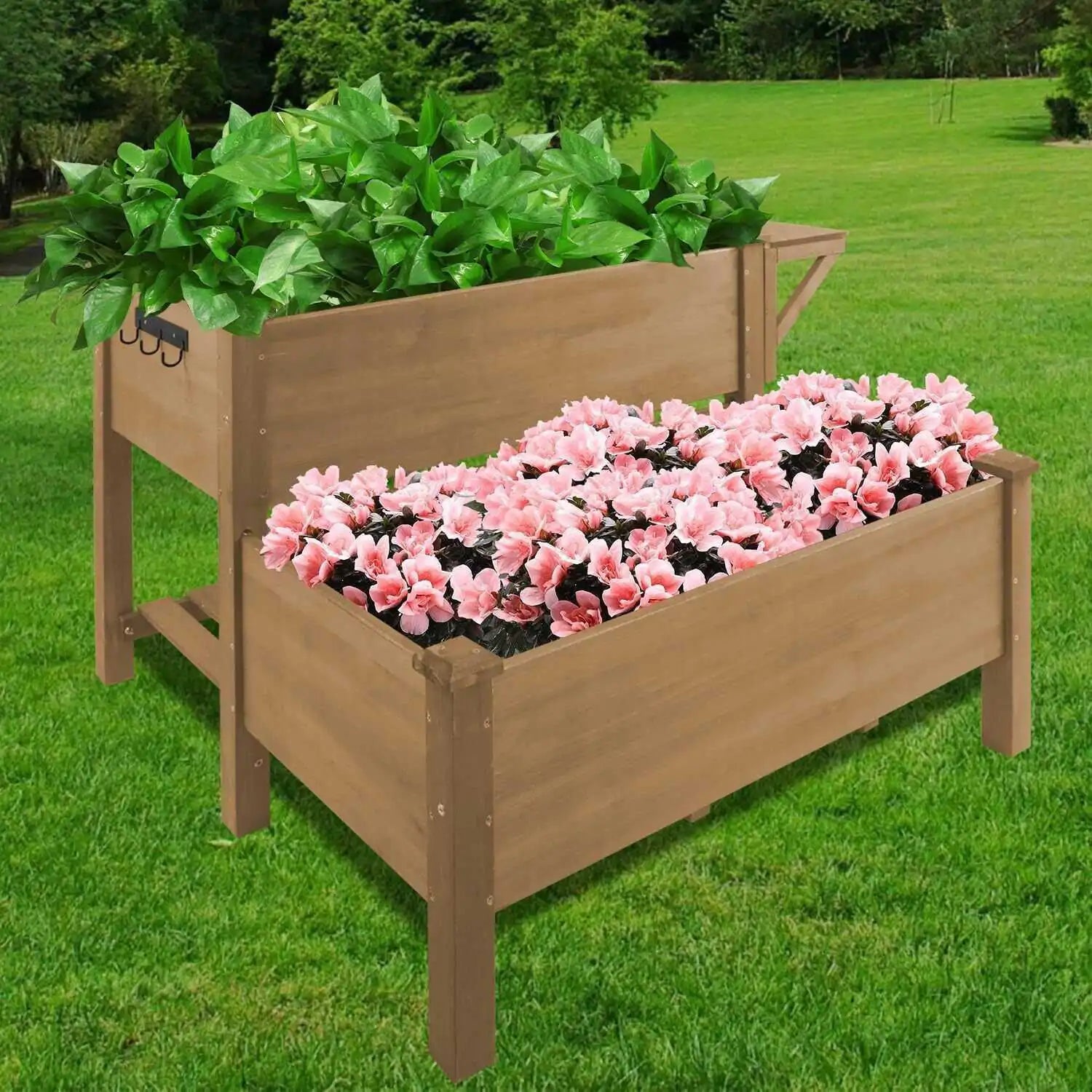 Close-up of lower storage shelf with garden tools