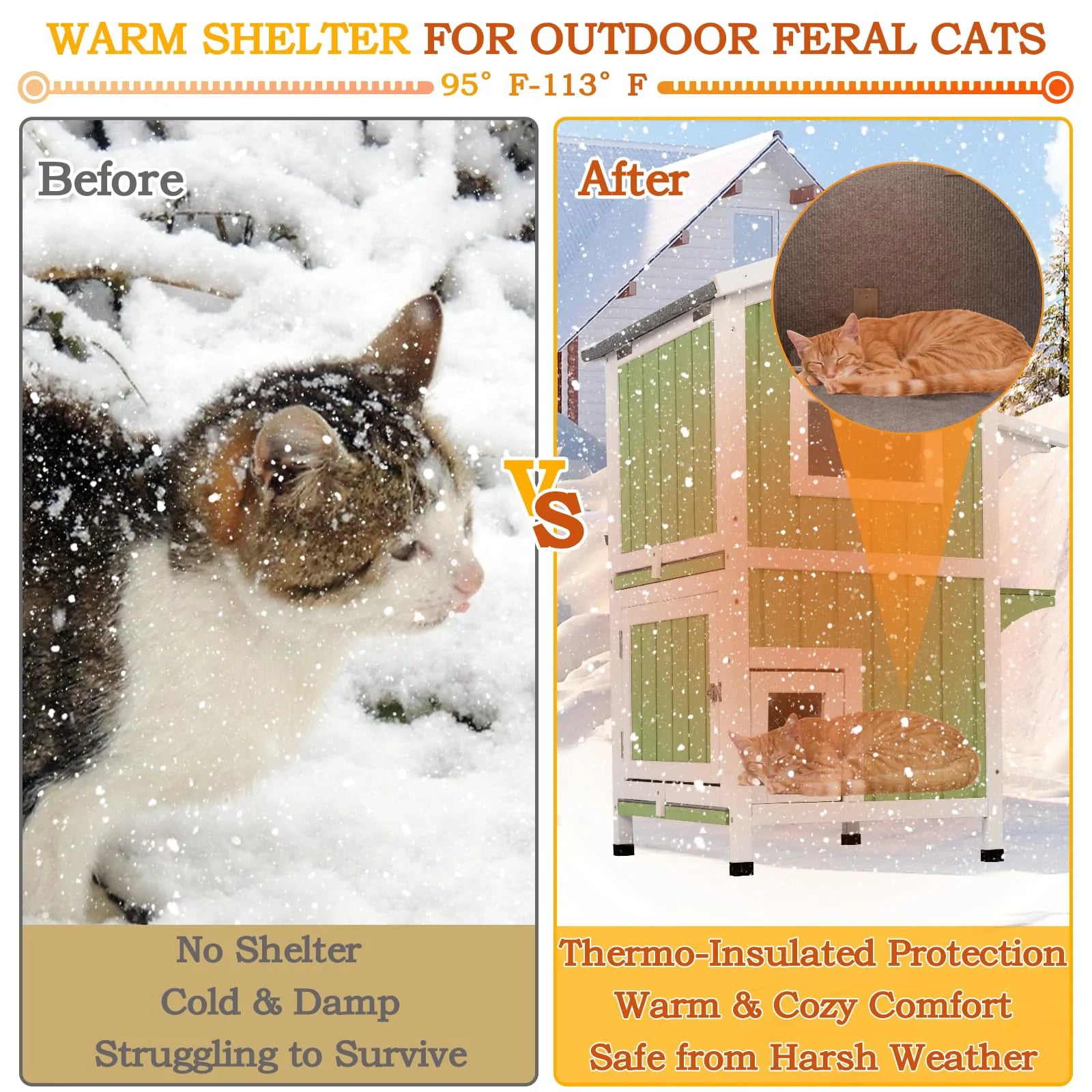 Winter cat shelter with pull-out floor for easy cleaning