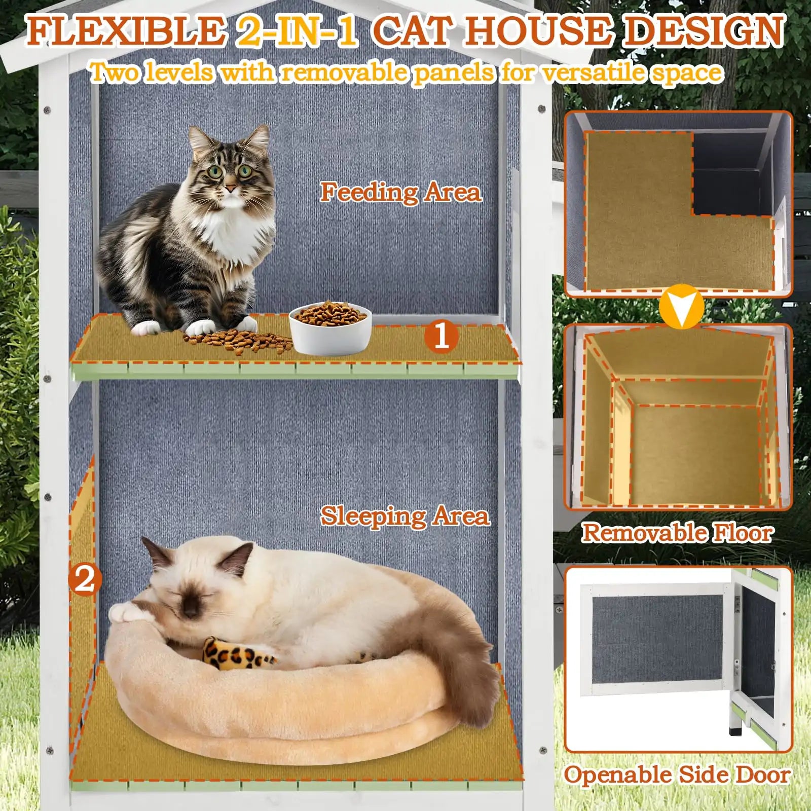Weatherproof insulated wooden cat house side angle
