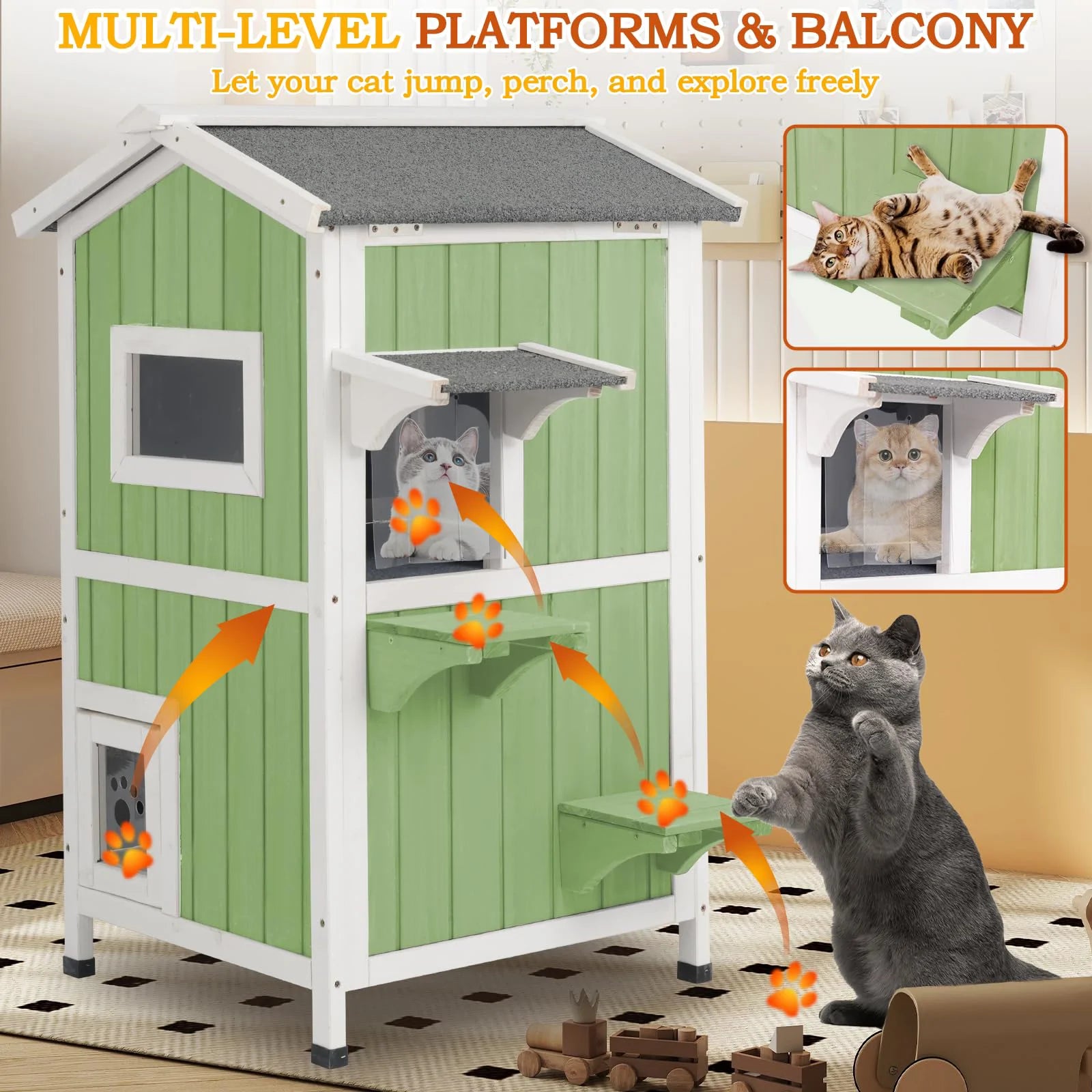 Wooden cat house in garden setup for outdoor cats