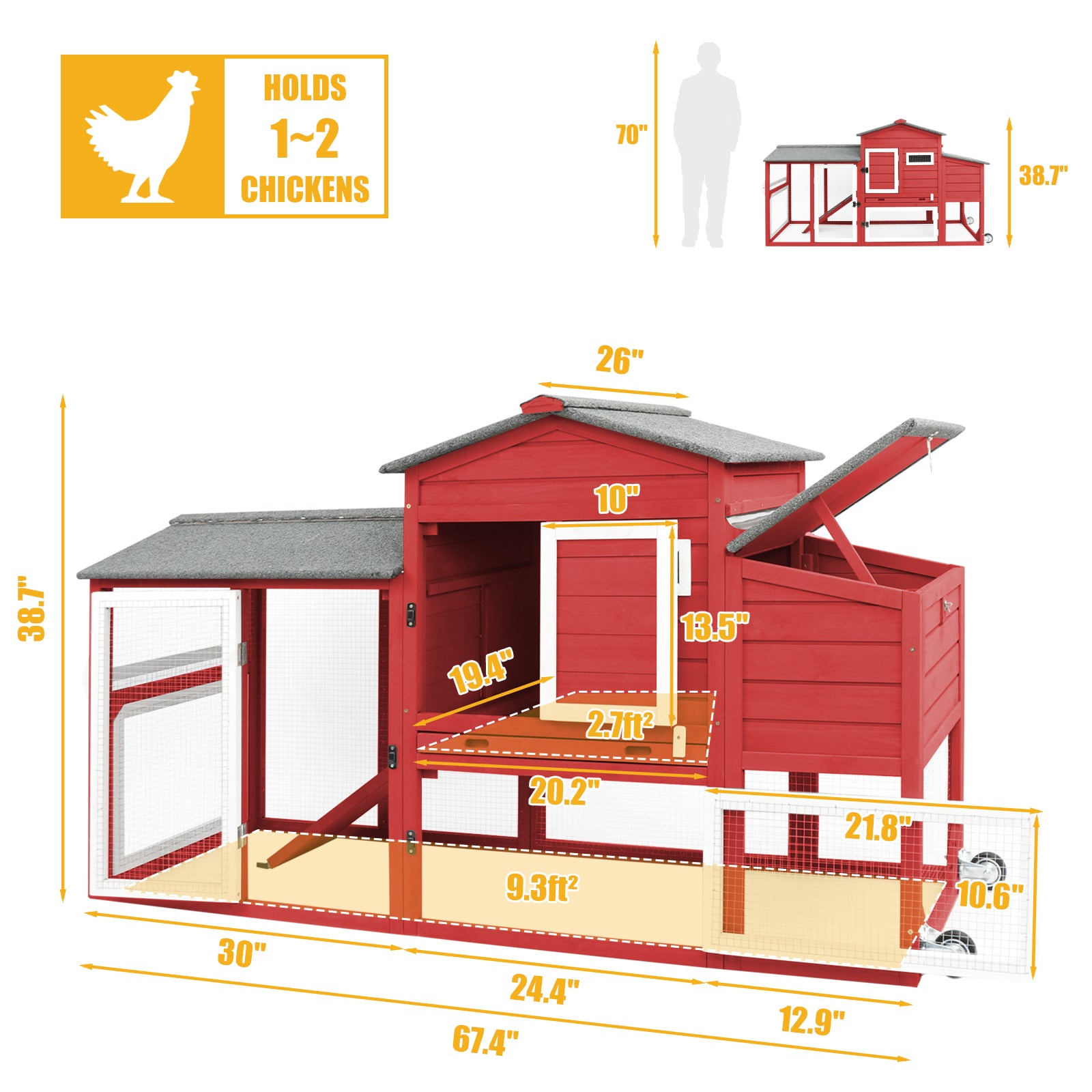 2 Story Chicken Coop Poultry Cage with Wheel for 2-3 Chickes-PET05W-RED