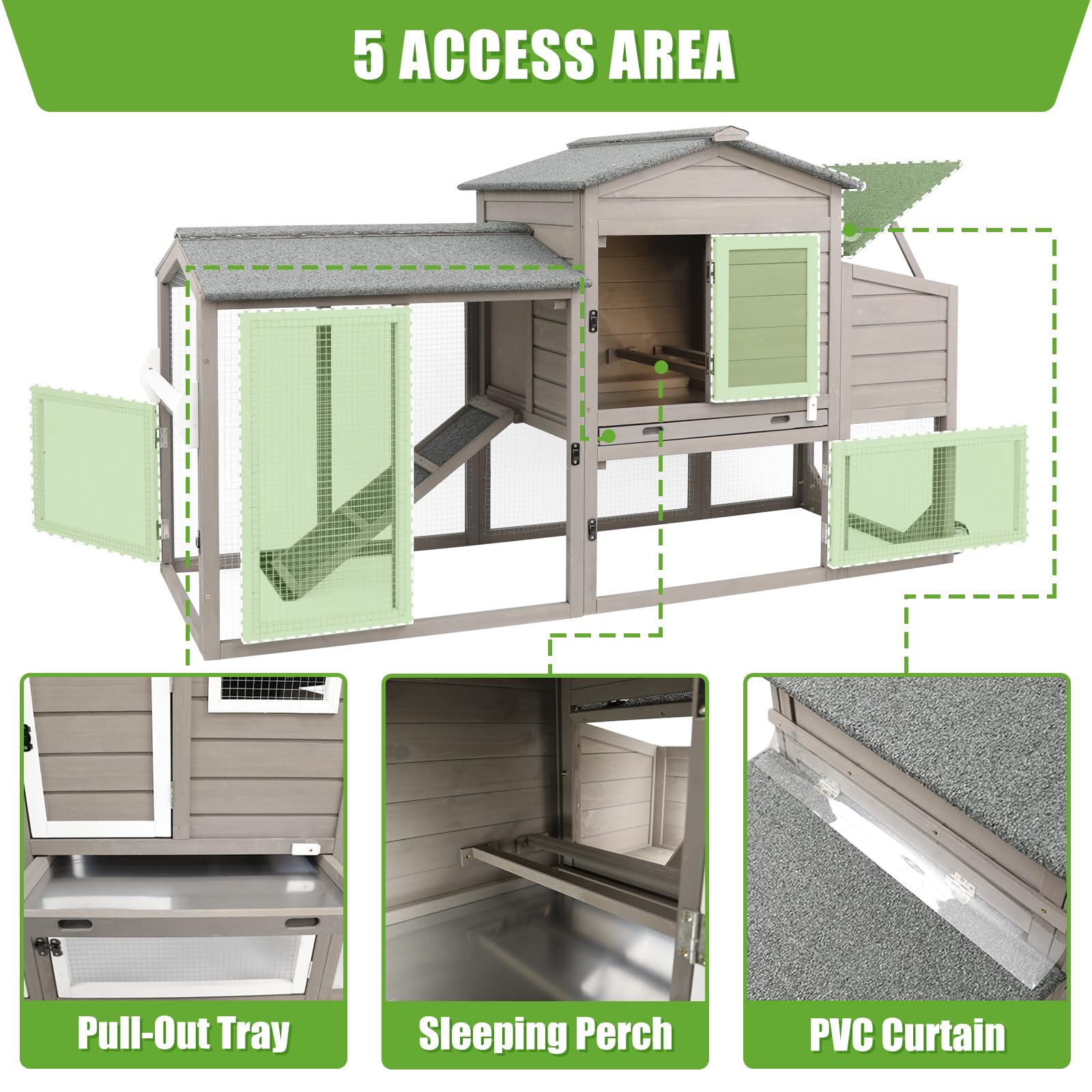 PETSCOSSET Large Chicken Coop for 2-3, 2 Story Poultry Cage Coop and Run, GREY