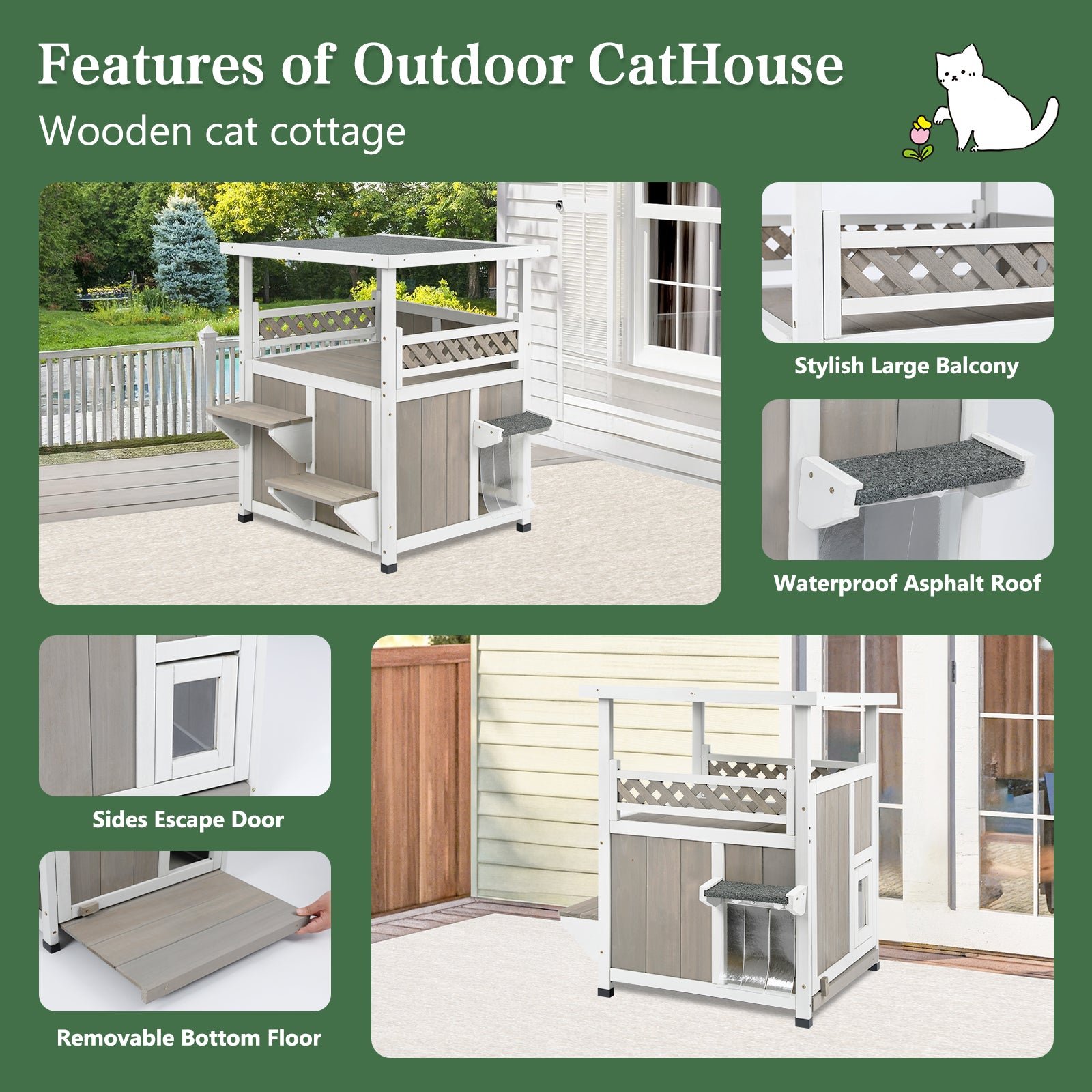 Outdoor Feral Cat Shelter with Balcony-PET09