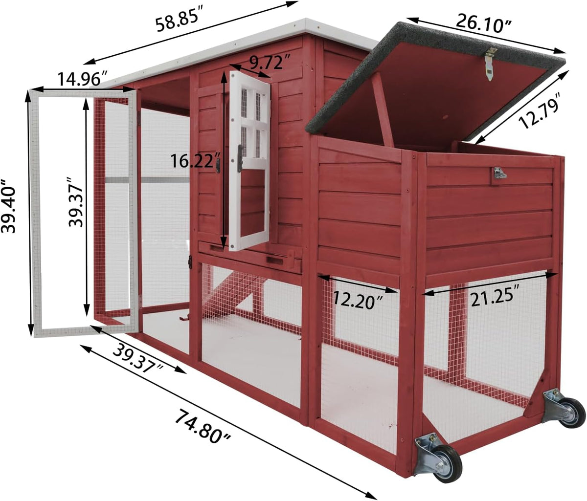PETSCOSSET Chicken Coop with Run, Large Hen House with Nesting Box, RED