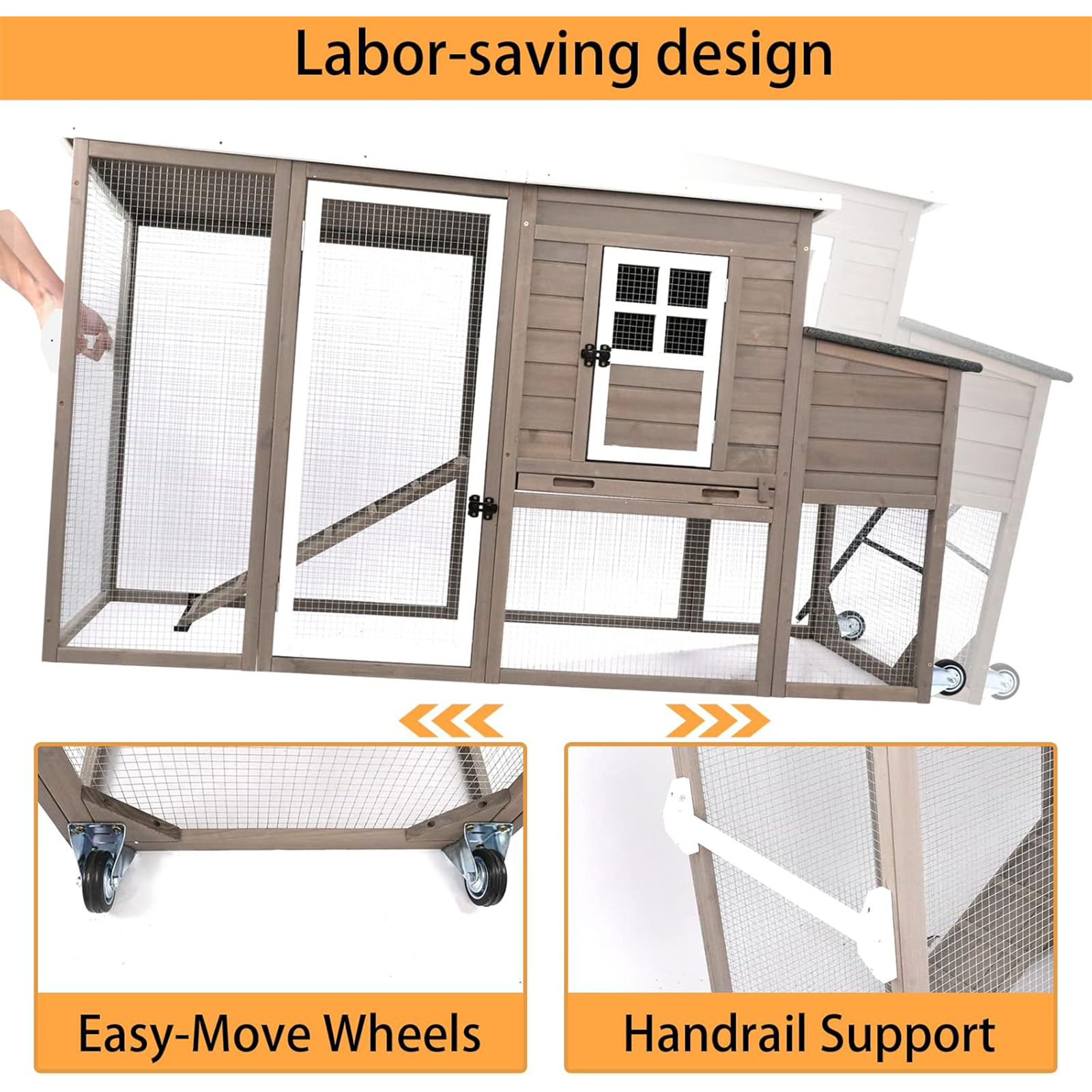 Large Hen House with Run, Nesting Box, Removable Tray-PET22W-GREY