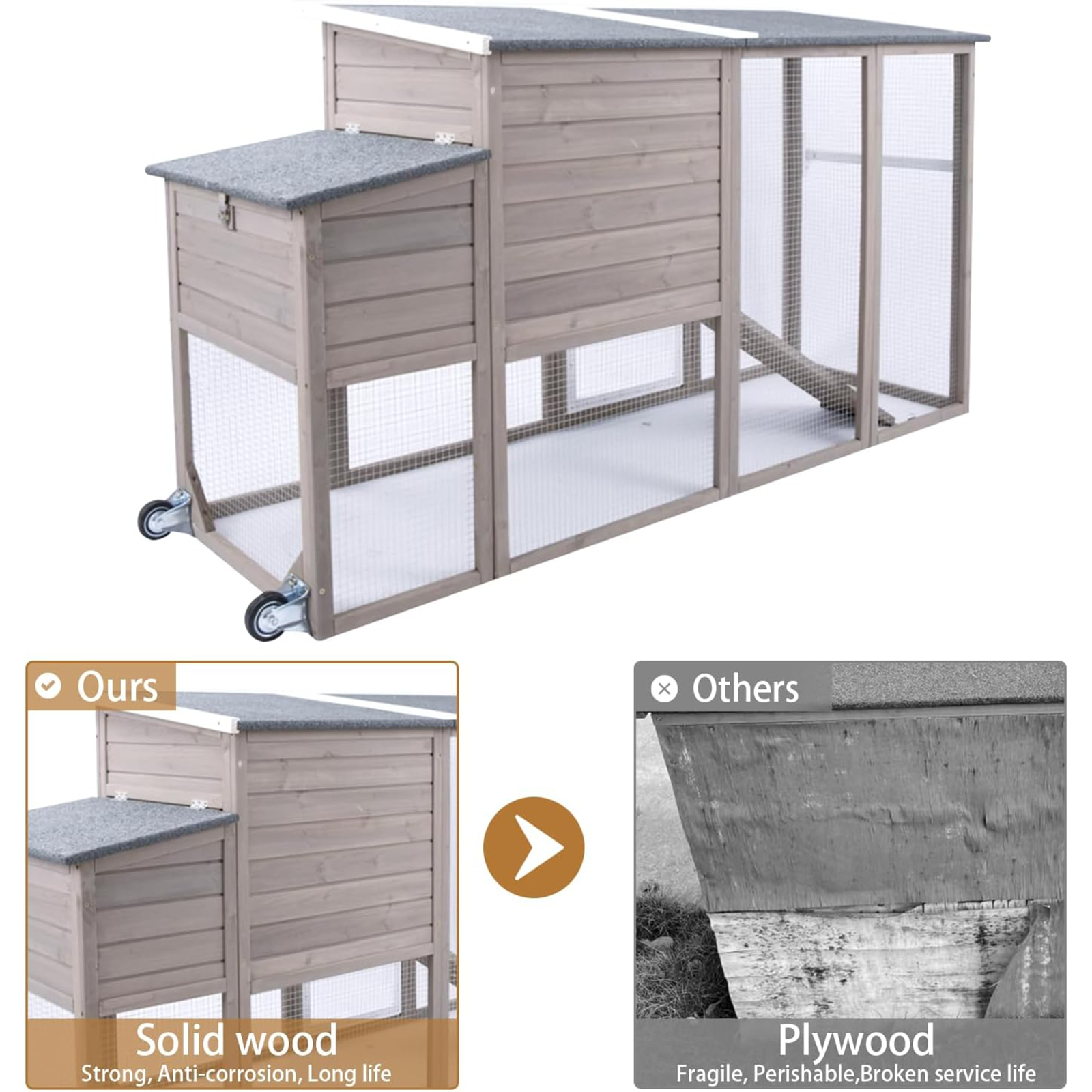 Large Hen House with Run, Nesting Box, Removable Tray-PET22W-GREY