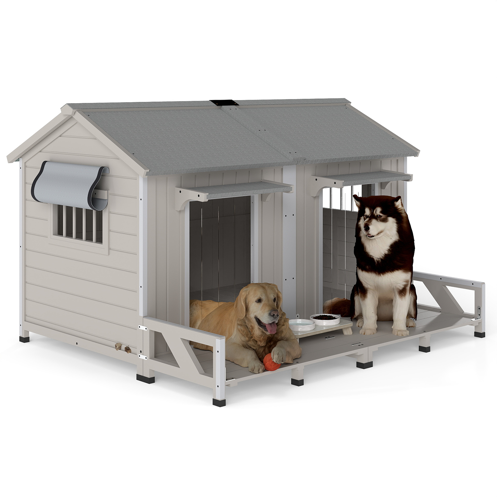 PETSCOSSET Large Wooden Outdoor Dog House for 2 Dogs, Weatherproof with Openable Roof & Balcony
