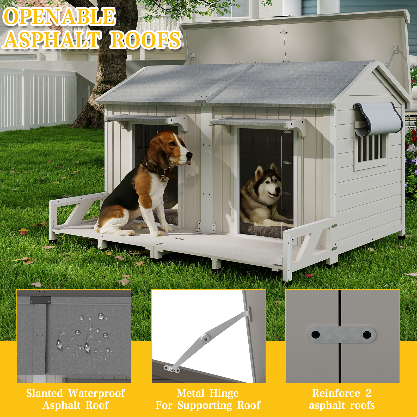 PETSCOSSET Large Wooden Outdoor Dog House for 2 Dogs, Weatherproof with Openable Roof & Balcony