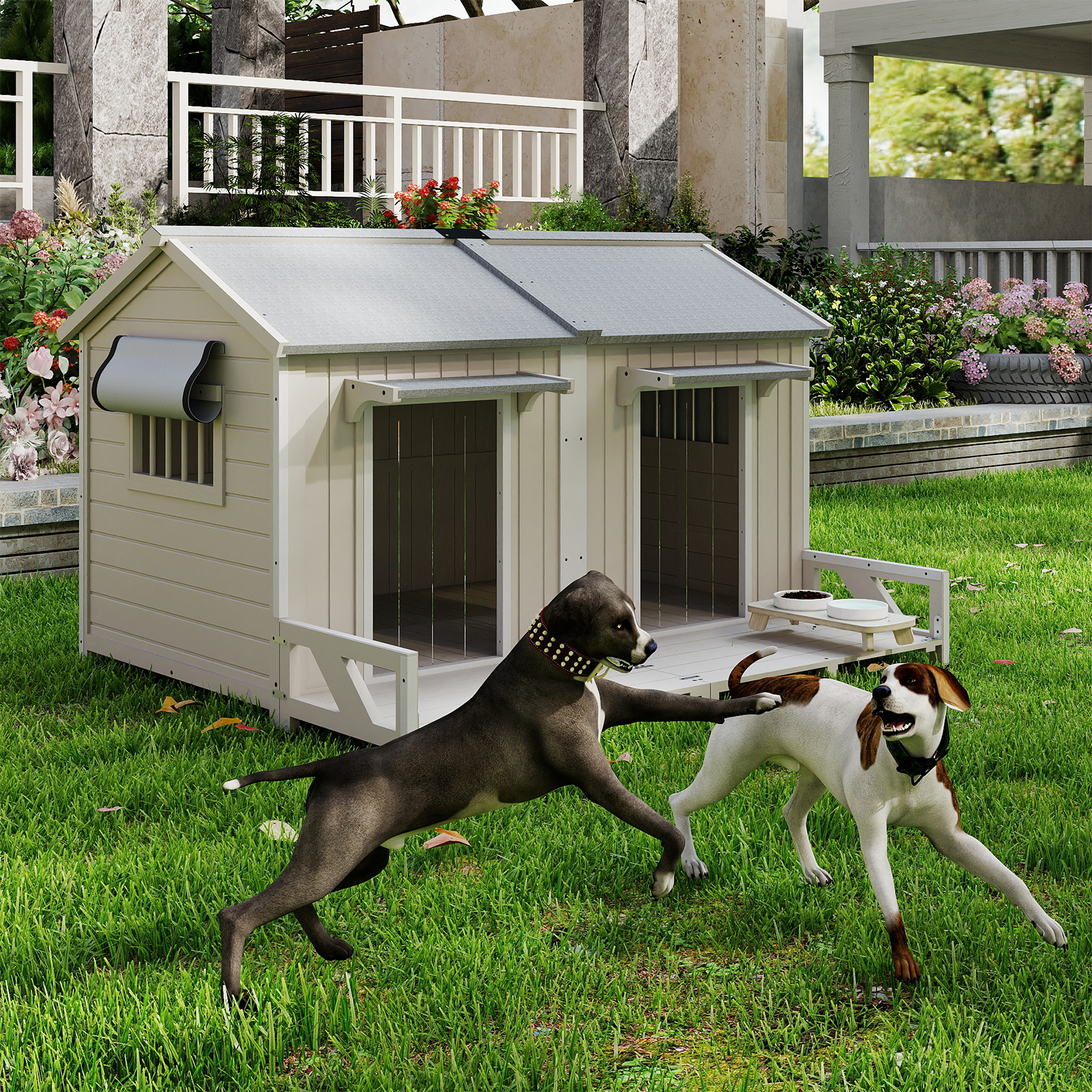 PETSCOSSET Large Wooden Outdoor Dog House for 2 Dogs, Weatherproof with Openable Roof & Balcony
