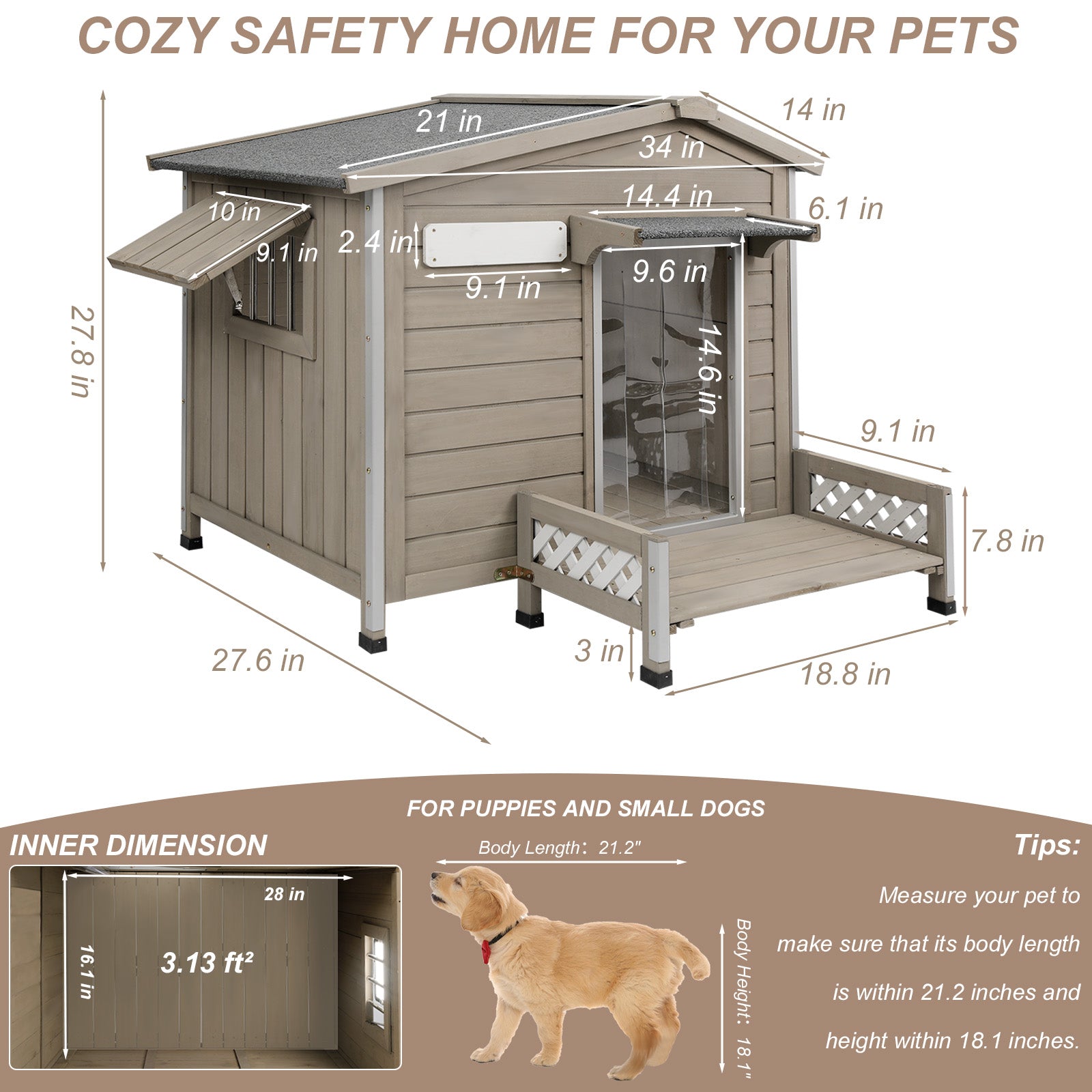 Weatherproof Durable Dog Kennel with Porch 27.8″H-PET66
