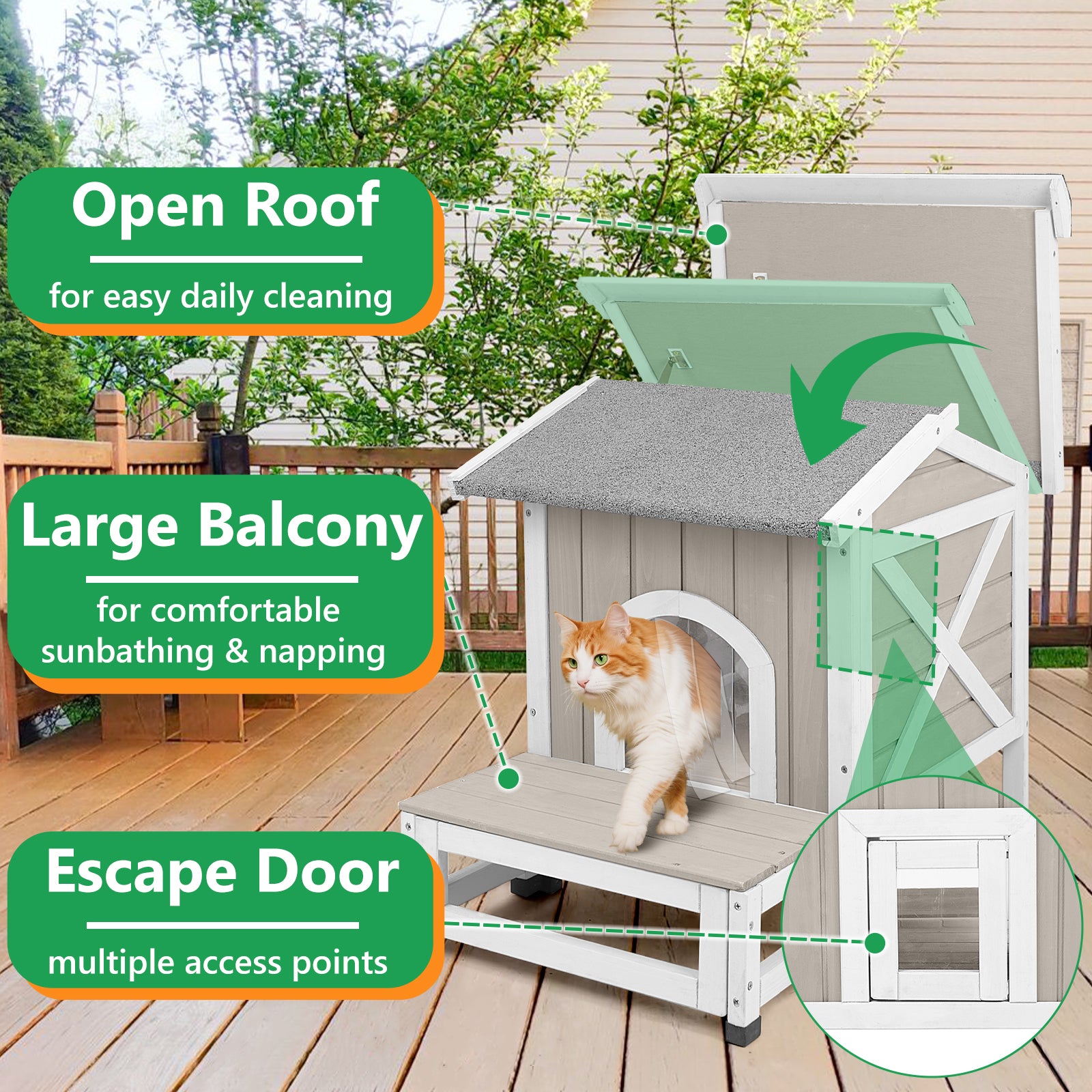 PETSCOSSET Outdoor Cat House with Balcony, Openable Roof & Escape Door - Weatherproof Wooden Shelter