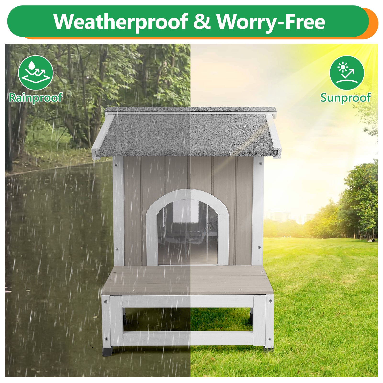 PETSCOSSET Outdoor Cat House with Balcony, Openable Roof & Escape Door - Weatherproof Wooden Shelter