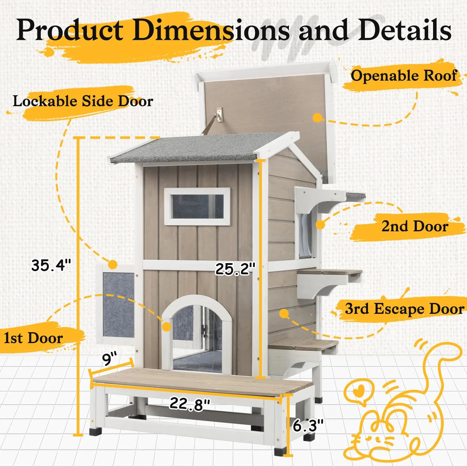 Insulated wooden pet shelter for feral cats with balcony