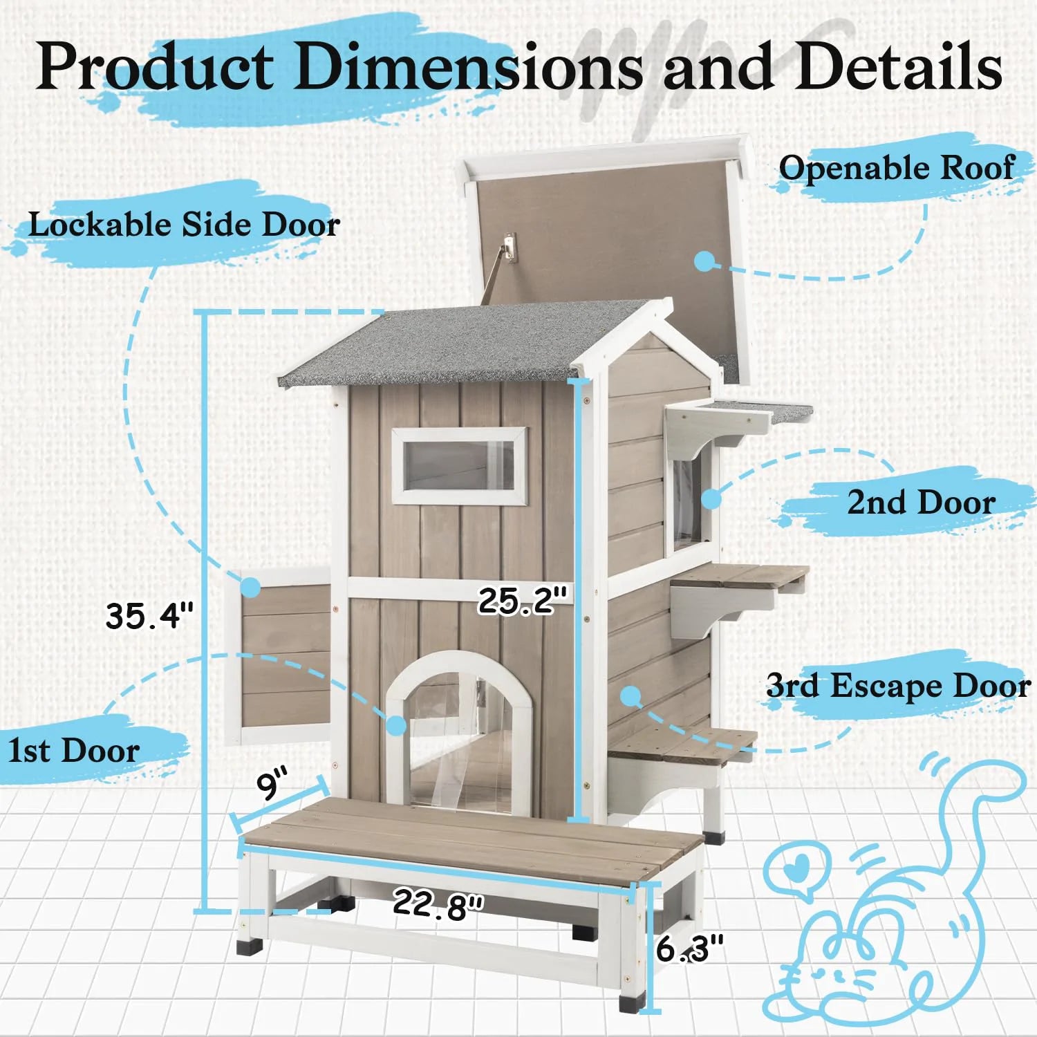 Double-decker wooden cat house for outdoor and indoor use