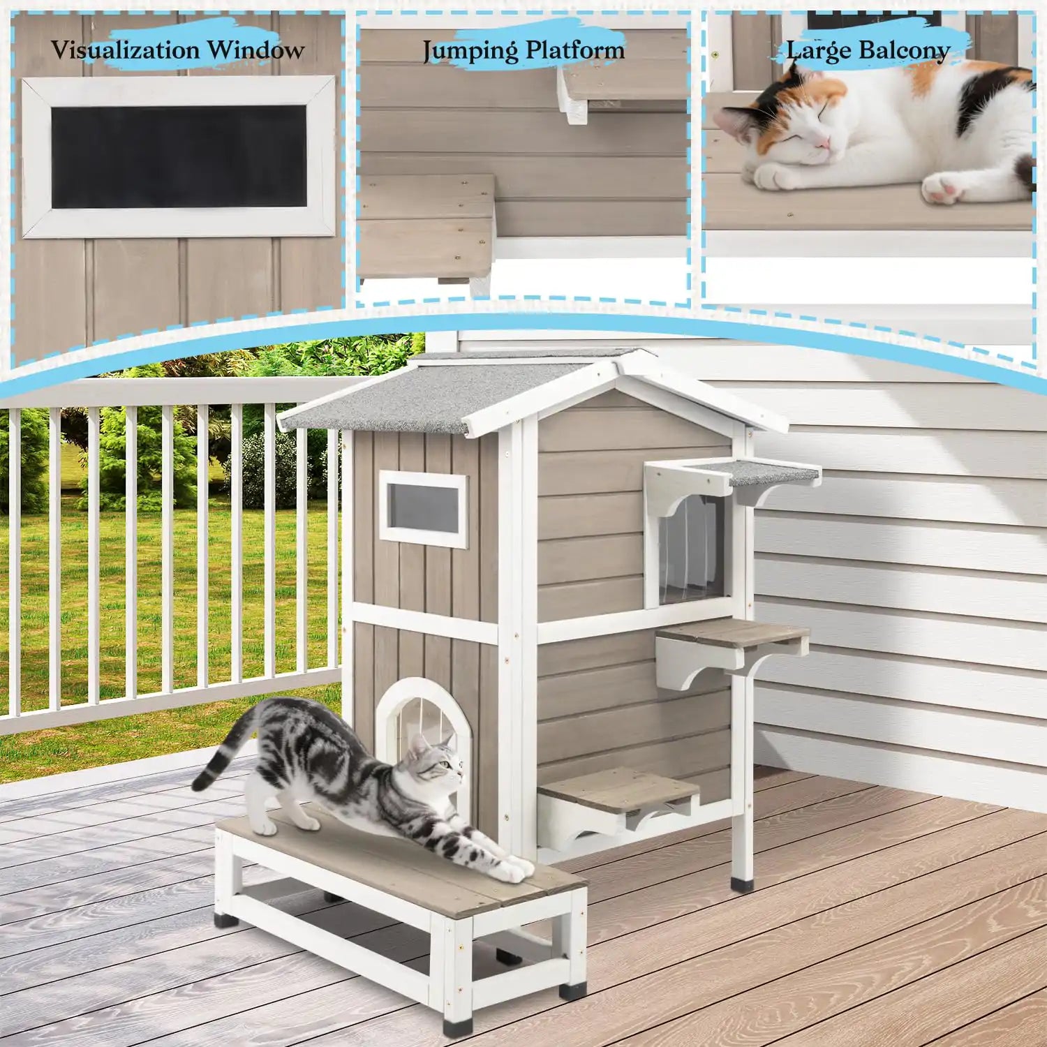 Raised outdoor cat house for weather protection and comfort