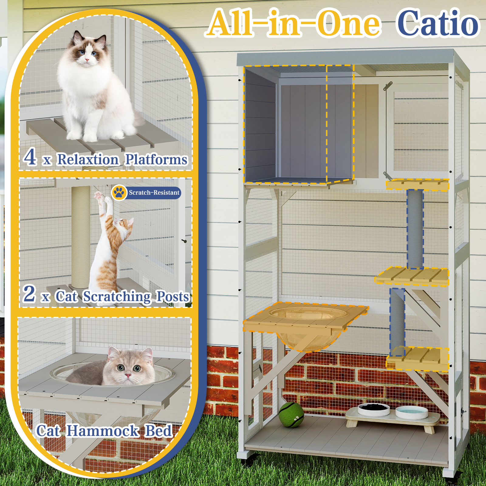 63.5" Wooden Outdoor Catio on Wheels with Waterproof Roof, 2 Sisal Scratching Posts-PET77