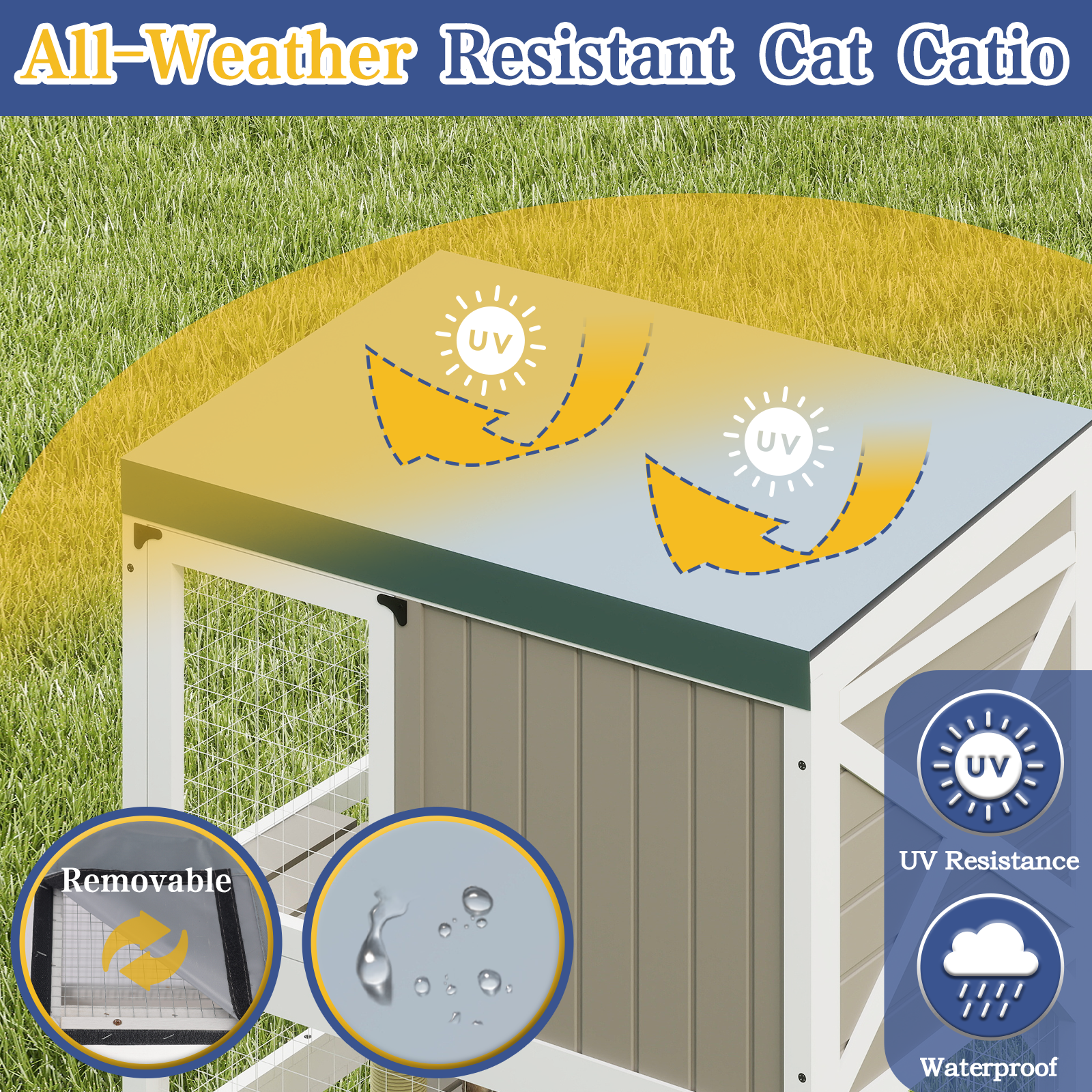 63.5" Wooden Outdoor Catio on Wheels with Waterproof Roof, 2 Sisal Scratching Posts-PET77