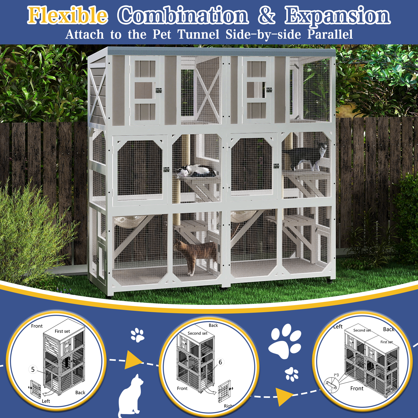 63.5" Wooden Outdoor Catio on Wheels with Waterproof Roof, 2 Sisal Scratching Posts-PET77