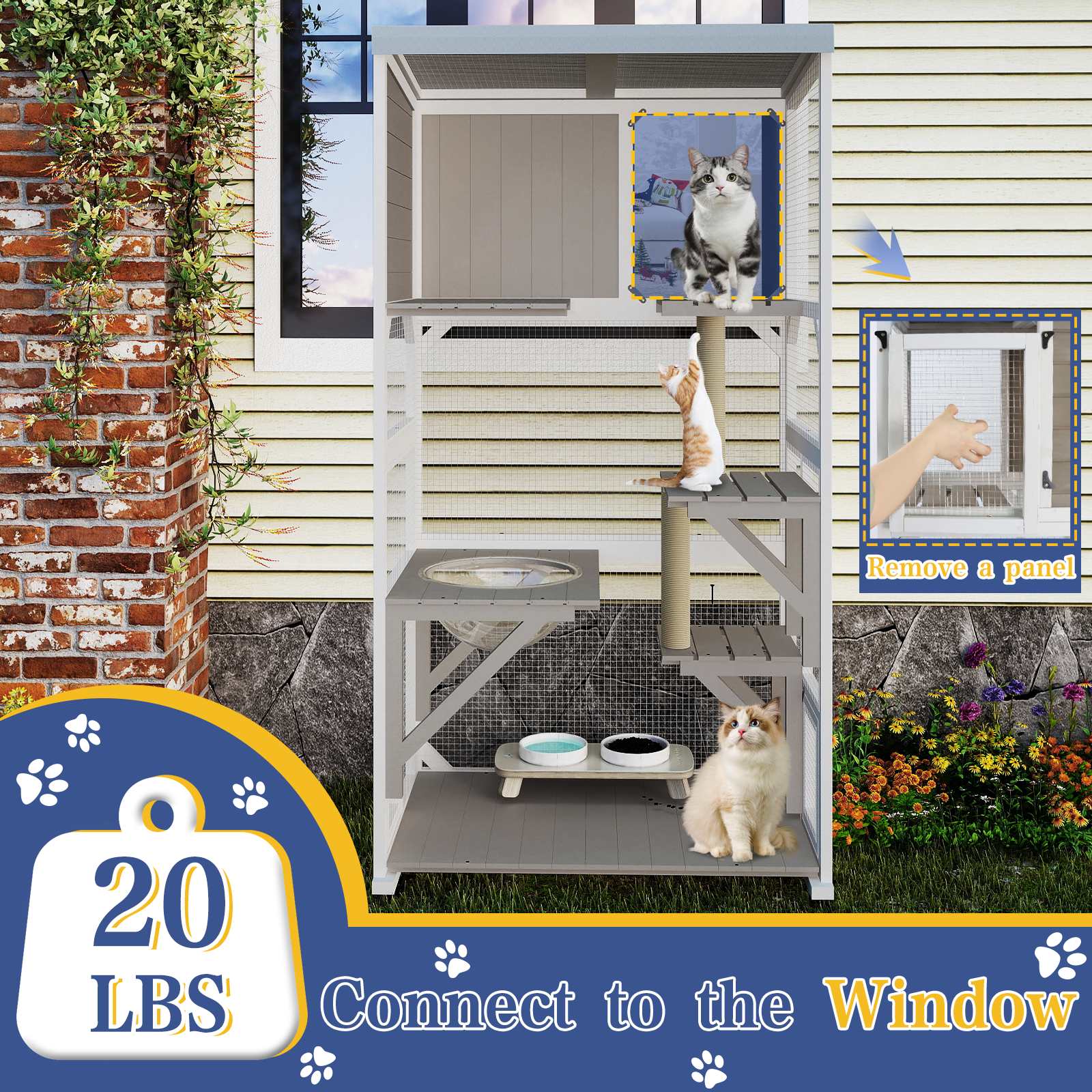 63.5" Wooden Outdoor Catio on Wheels with Waterproof Roof, 2 Sisal Scratching Posts-PET77