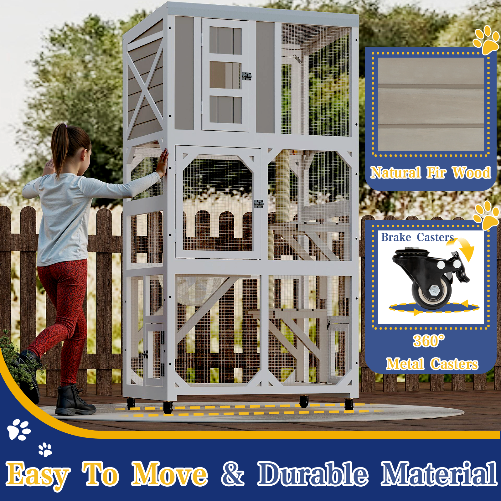63.5" Wooden Outdoor Catio on Wheels with Waterproof Roof, 2 Sisal Scratching Posts-PET77