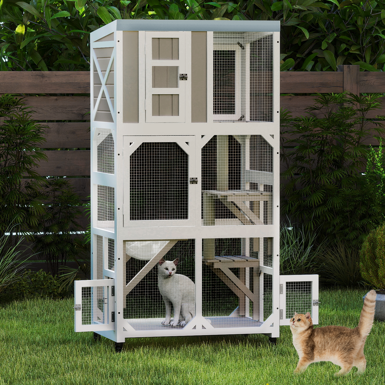 63.5" Wooden Outdoor Catio on Wheels with Waterproof Roof, 2 Sisal Scratching Posts-PET77