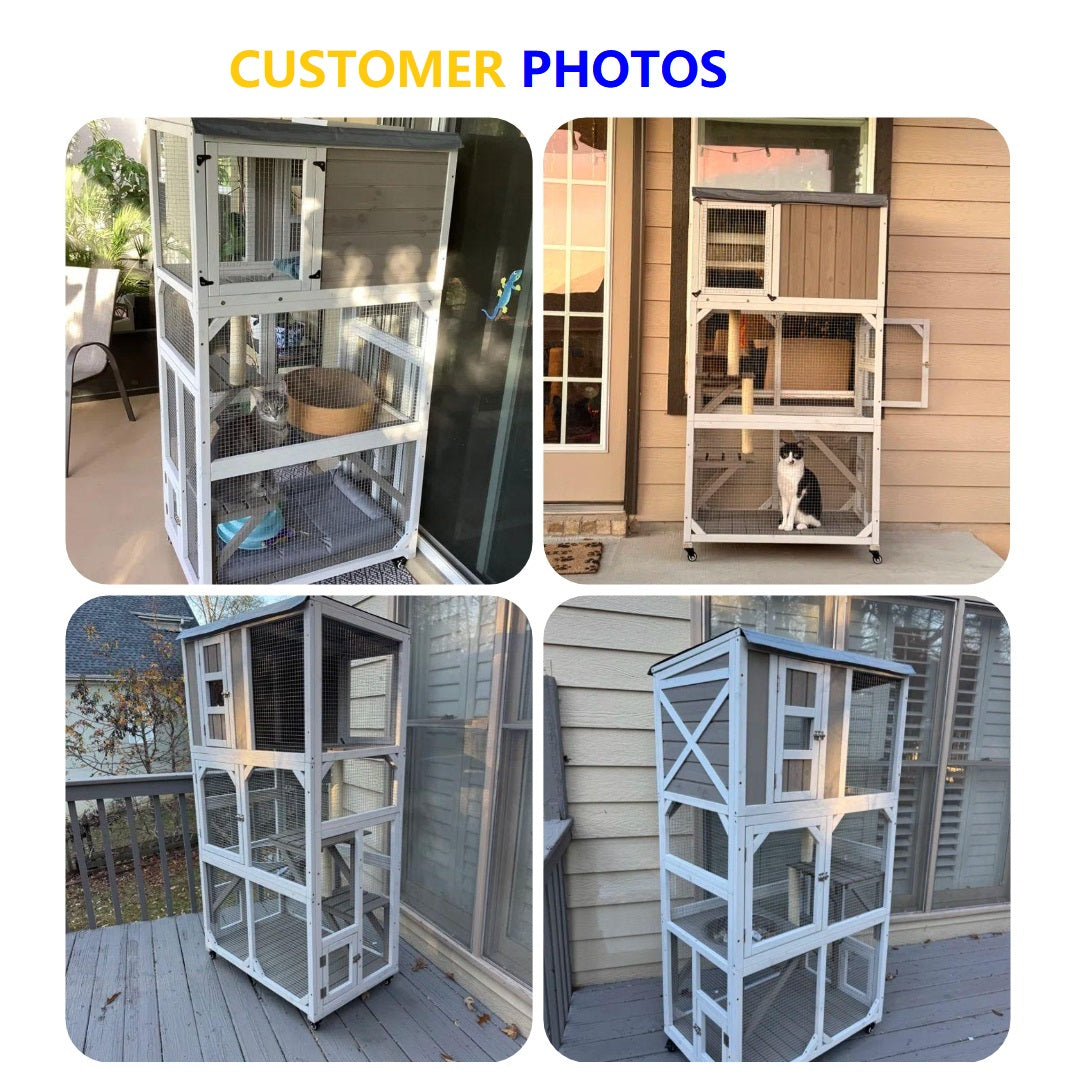 63.5" Wooden Outdoor Catio on Wheels with Waterproof Roof, 2 Sisal Scratching Posts-PET77