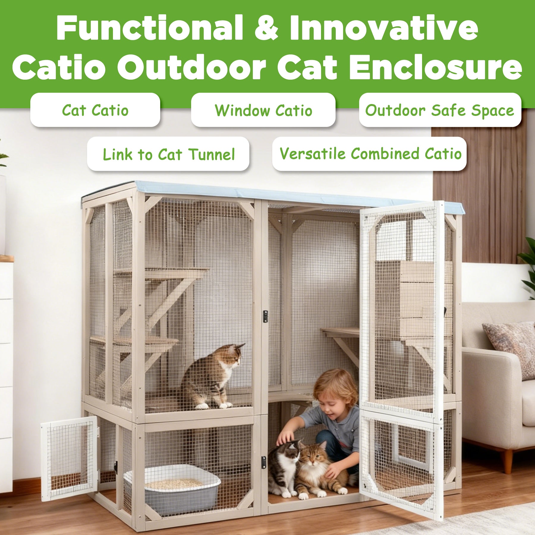 PETSCOSSET Large Wooden Catio with Window Access, 5-Door Expandable Outdoor Cat Enclosure