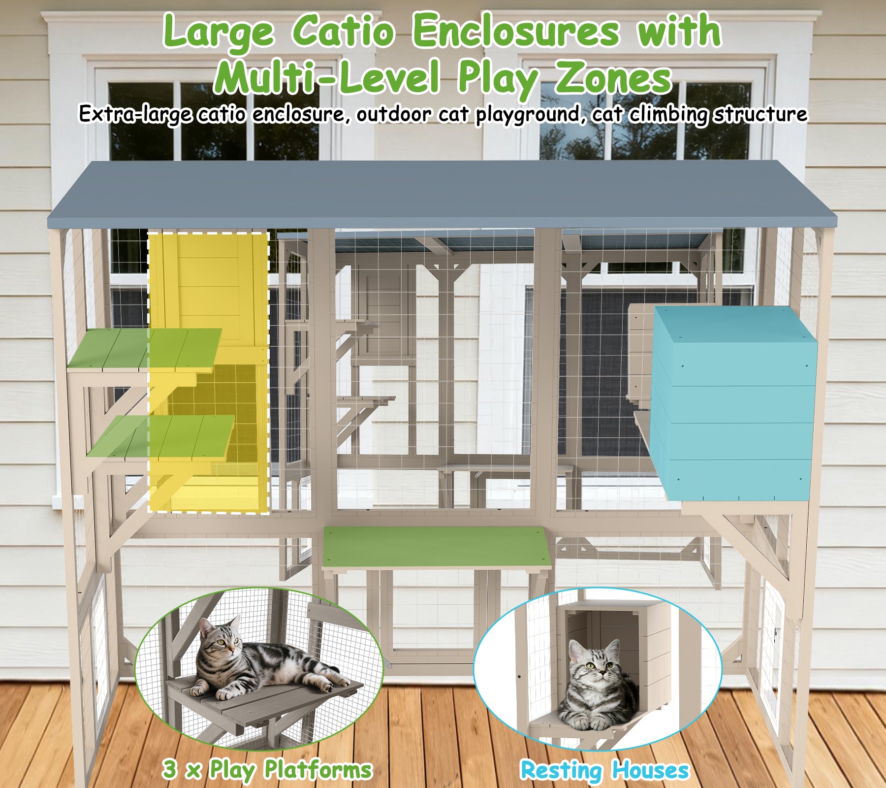 5-Door Expandable Outdoor Wooden Cat Enclosure with Window Access-PET78