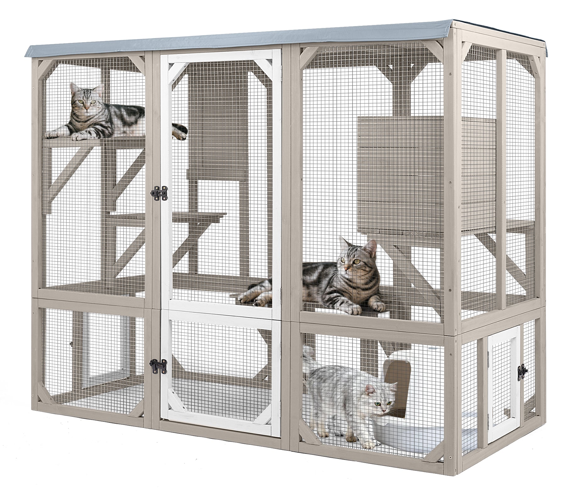 PETSCOSSET Large Wooden Catio with Window Access, 5-Door Expandable Outdoor Cat Enclosure