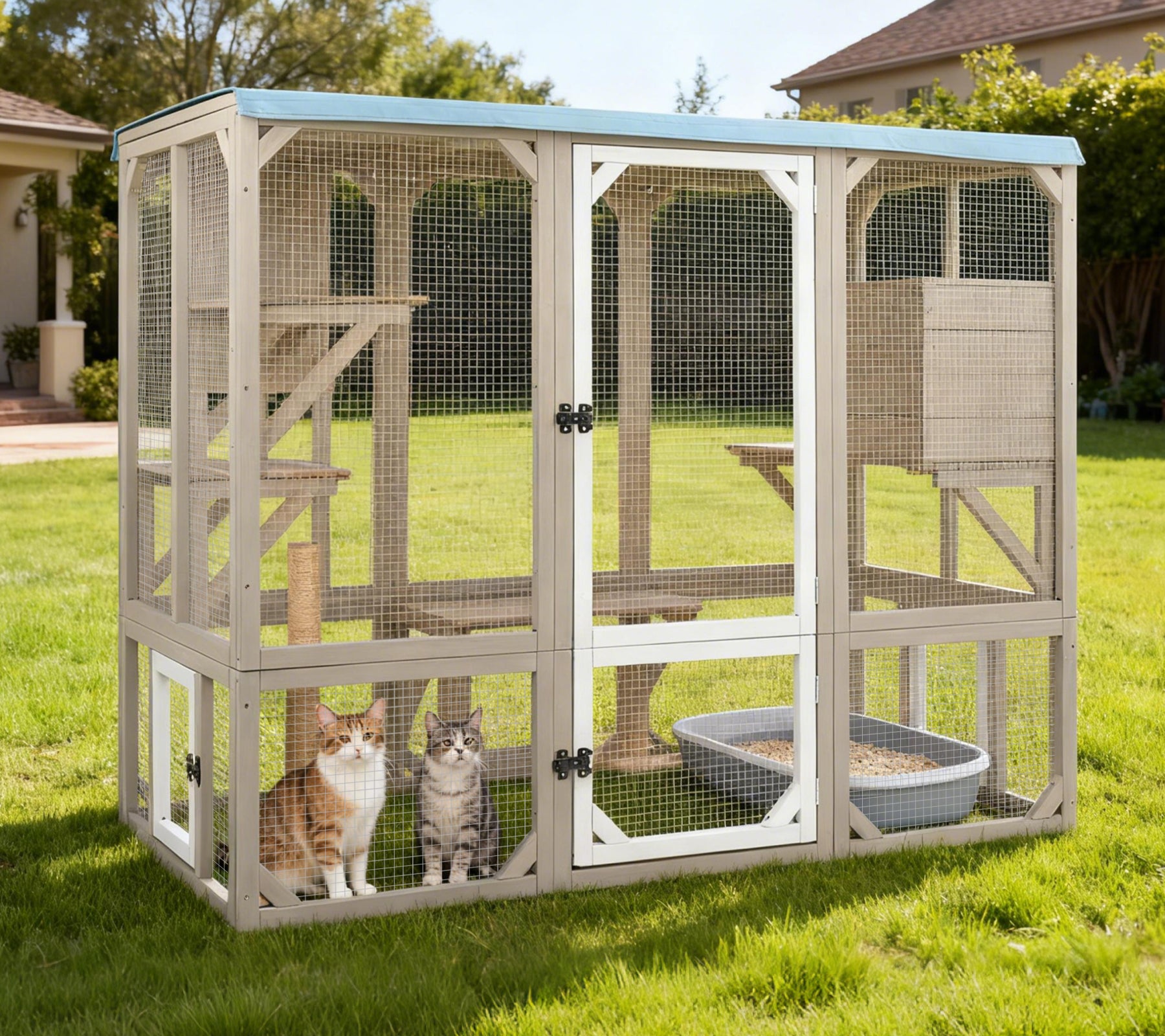 5-Door Expandable Outdoor Wooden Cat Enclosure with Window Access-PET78