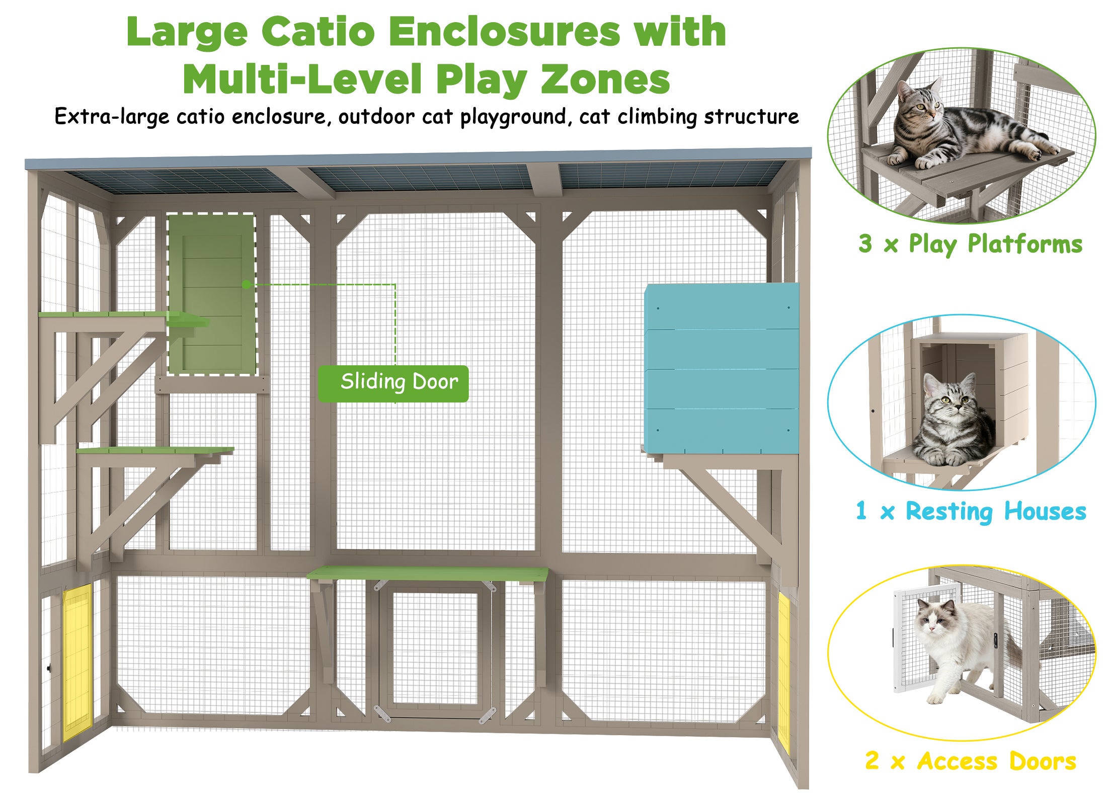PETSCOSSET Large Wooden Catio with Window Access, 5-Door Expandable Outdoor Cat Enclosure