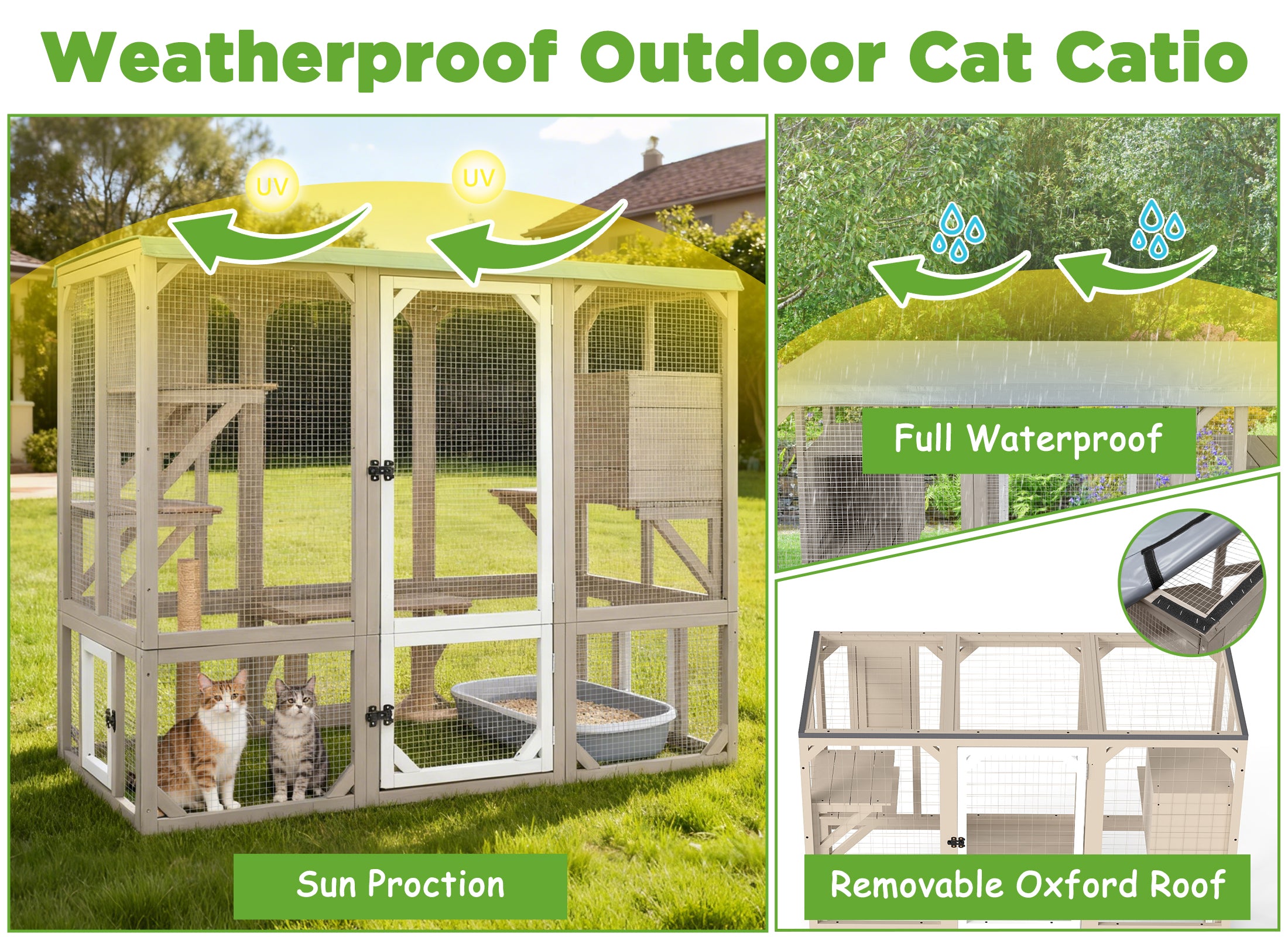 PETSCOSSET Large Wooden Catio with Window Access, 5-Door Expandable Outdoor Cat Enclosure