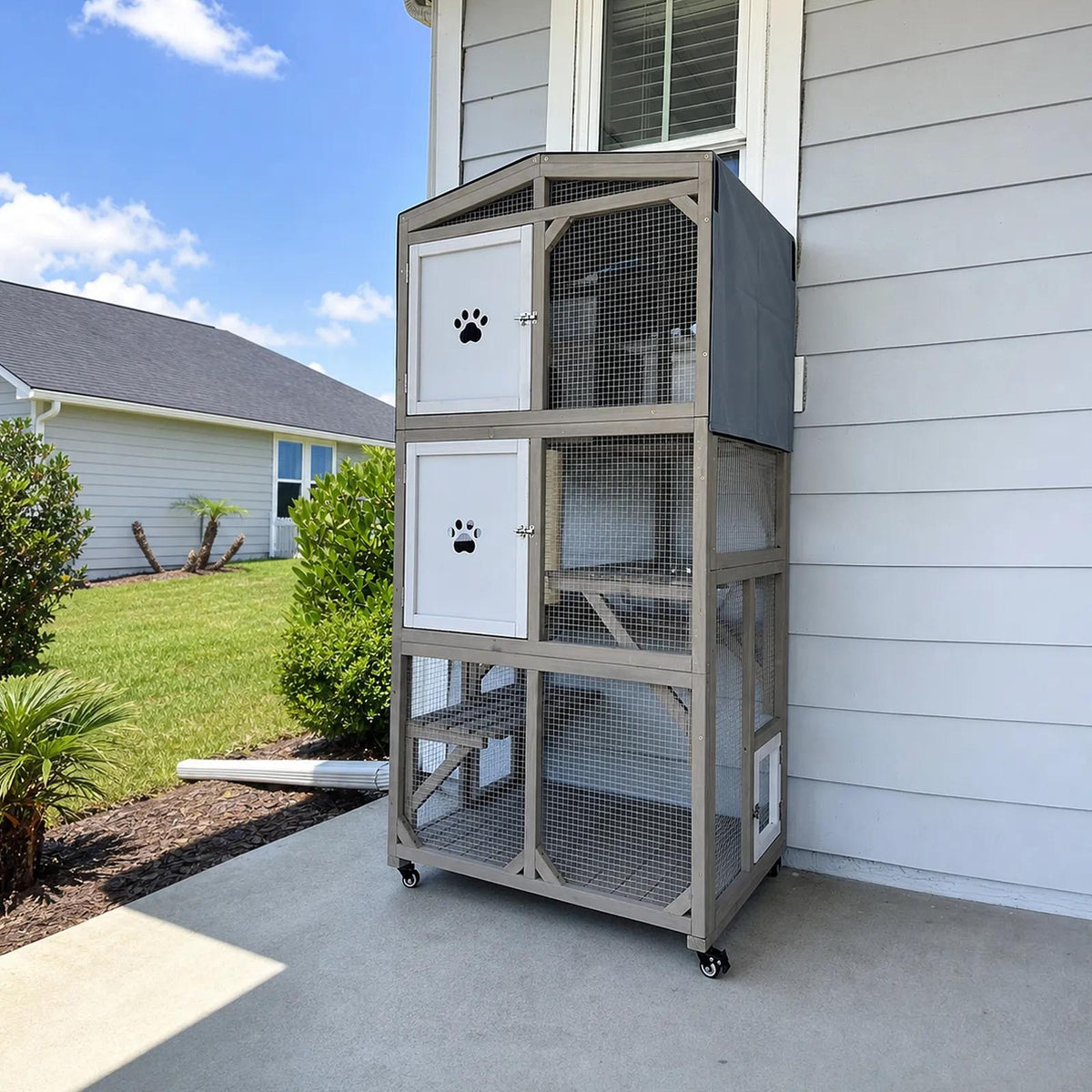 63" Mobile Wooden Catio Enclosure with Clear Dome Bed & Condo-PET95