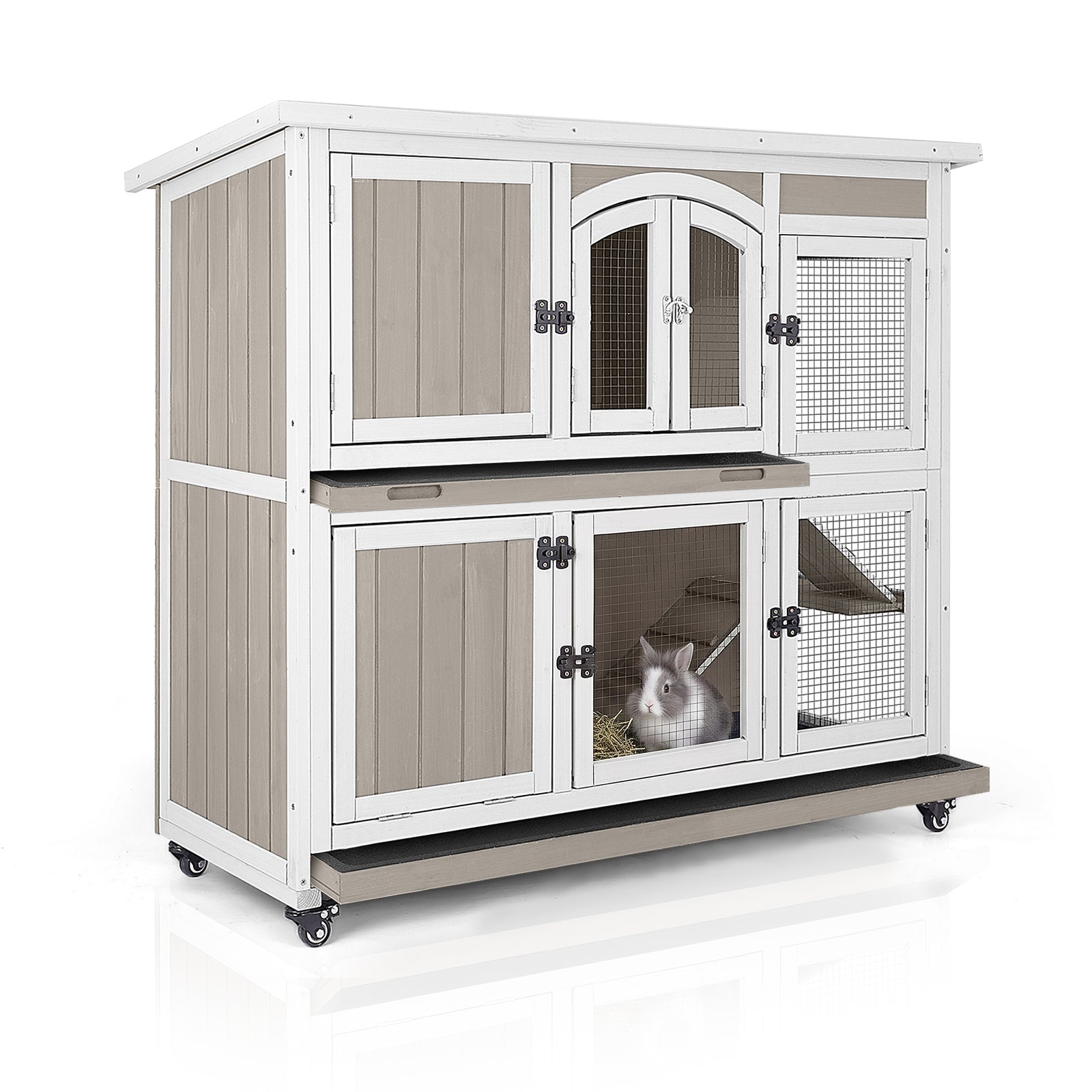 PETSCOSSET Rabbit Hutch (47.2"L) - 2-Story, Wheels & Trays - PET33