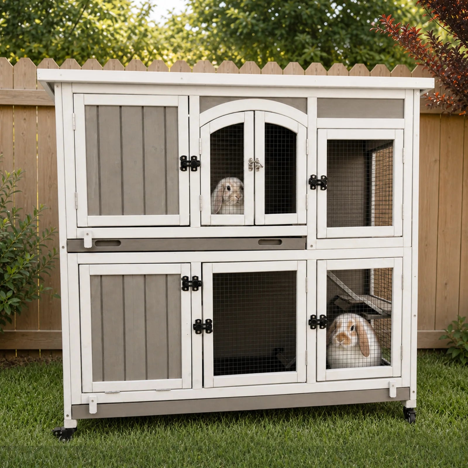 PETSCOSSET Rabbit Hutch (47.2"L) - 2-Story, Wheels & Trays - PET33