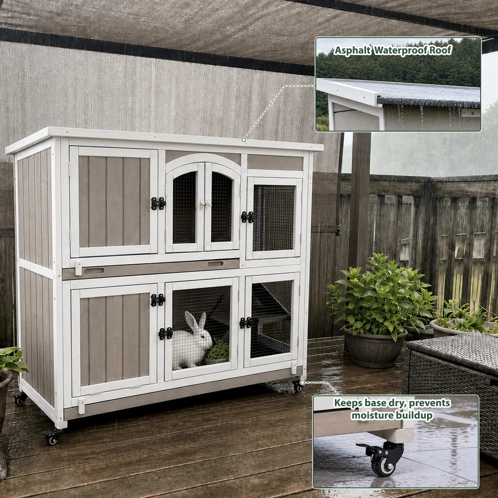 PETSCOSSET Rabbit Hutch (47.2"L) - 2-Story, Wheels & Trays - PET33