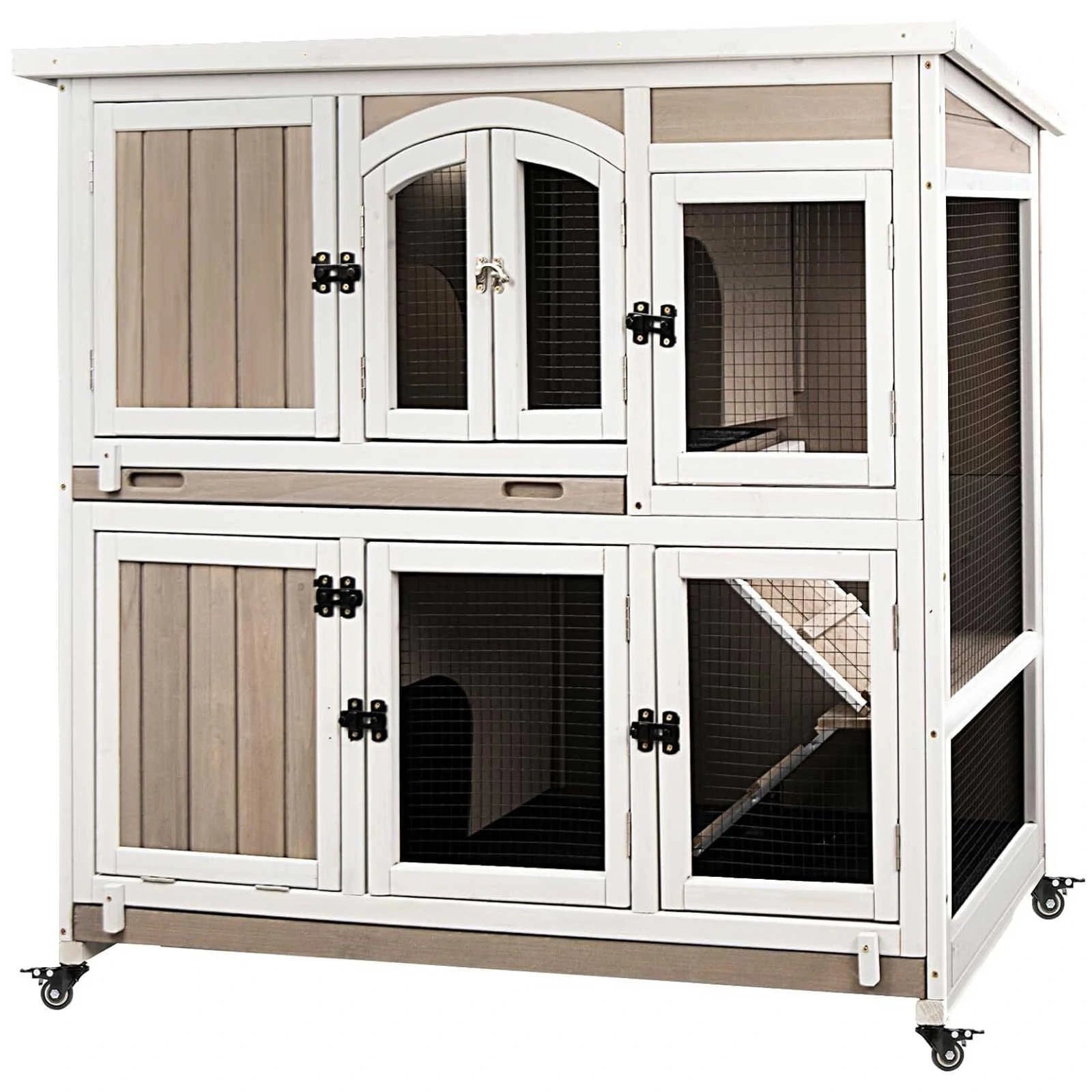 PETSCOSSET 47″L Indoor Wooden 2 Story Rabbit Large Bunny Hutch Outdoor Bunny Cage on Wheels,White/Grey