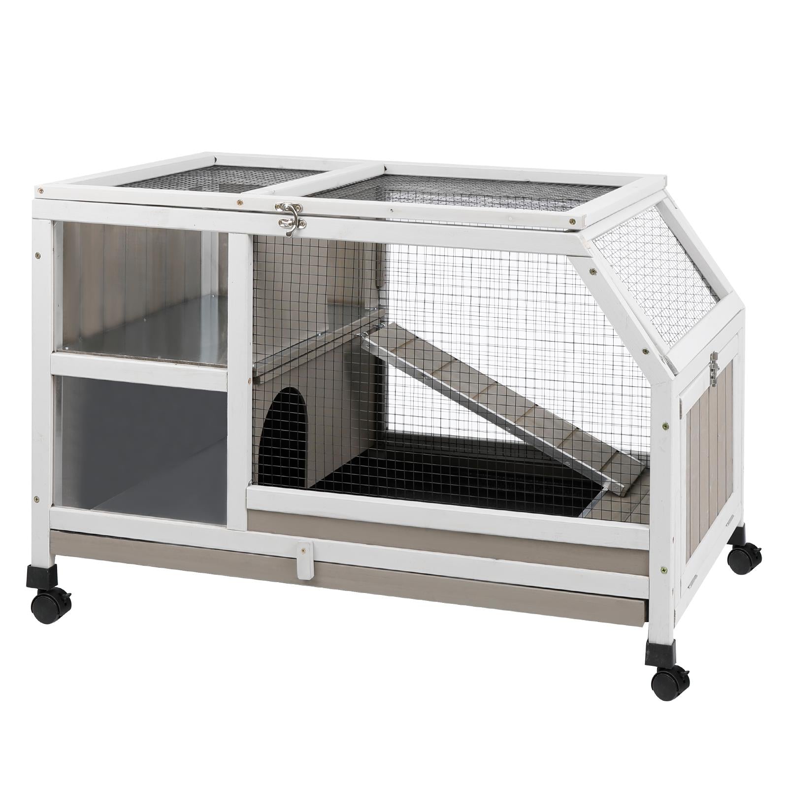 PETSCOSSET Indoor Guinea Pig Cage on Wheels, Large Small Animal Habitat with Ramp, Hideout & Deep Pull-Out Tray for Rabbit, Chinchilla, Rat