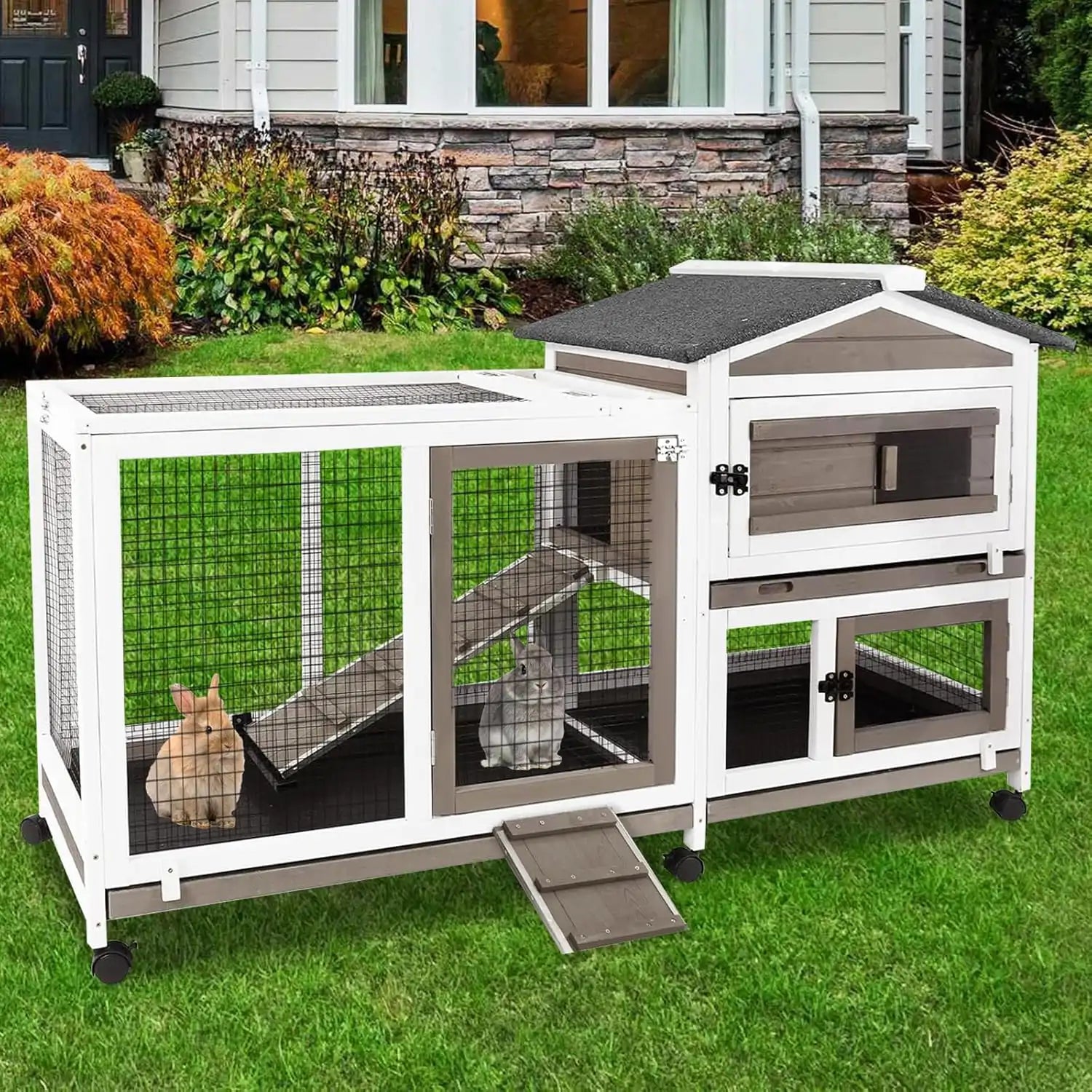 Wooden rabbit cage with pull-out tray and wheels for easy movement
