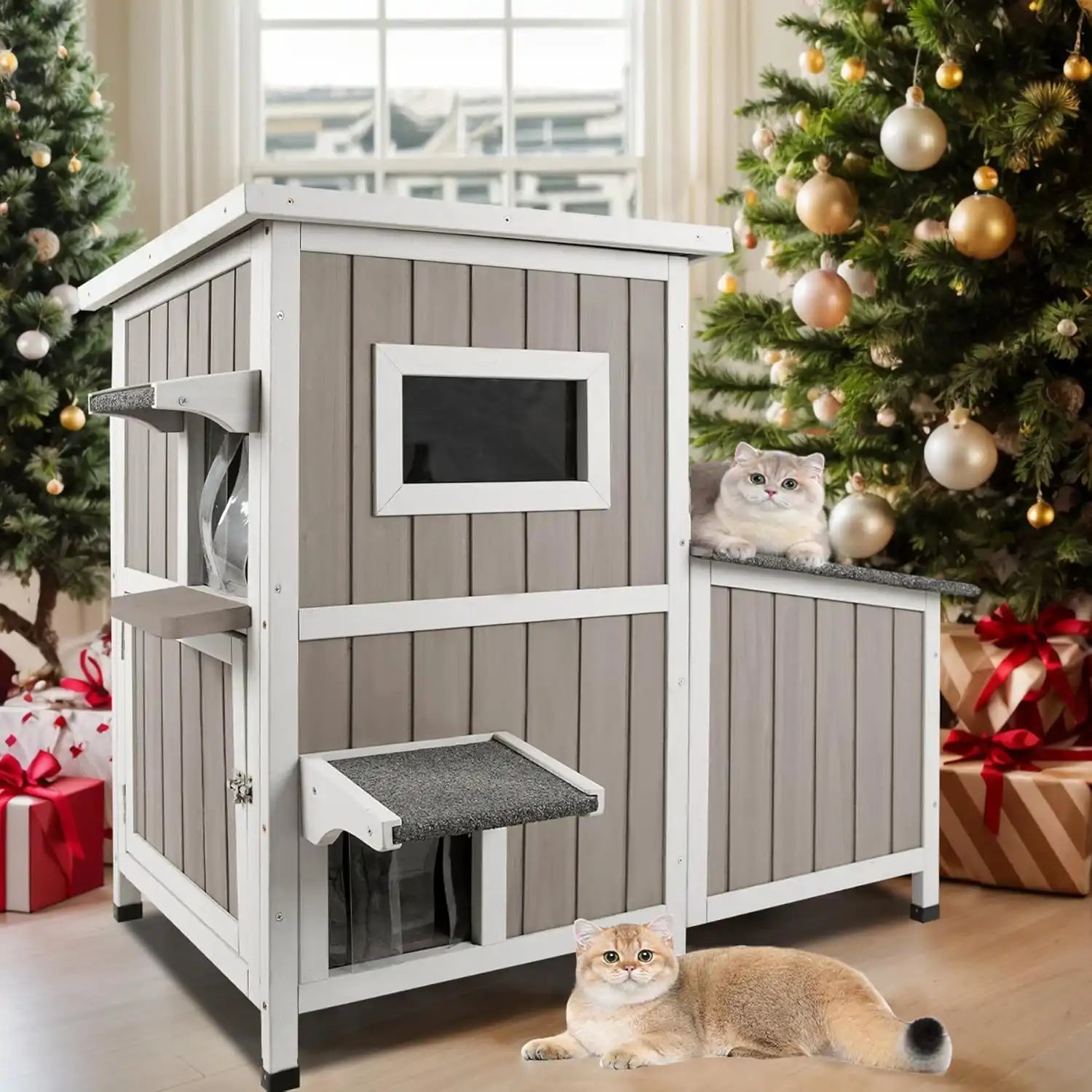 PETSCOSSET PET19 grey two-story outdoor cat house with 3 escape doors