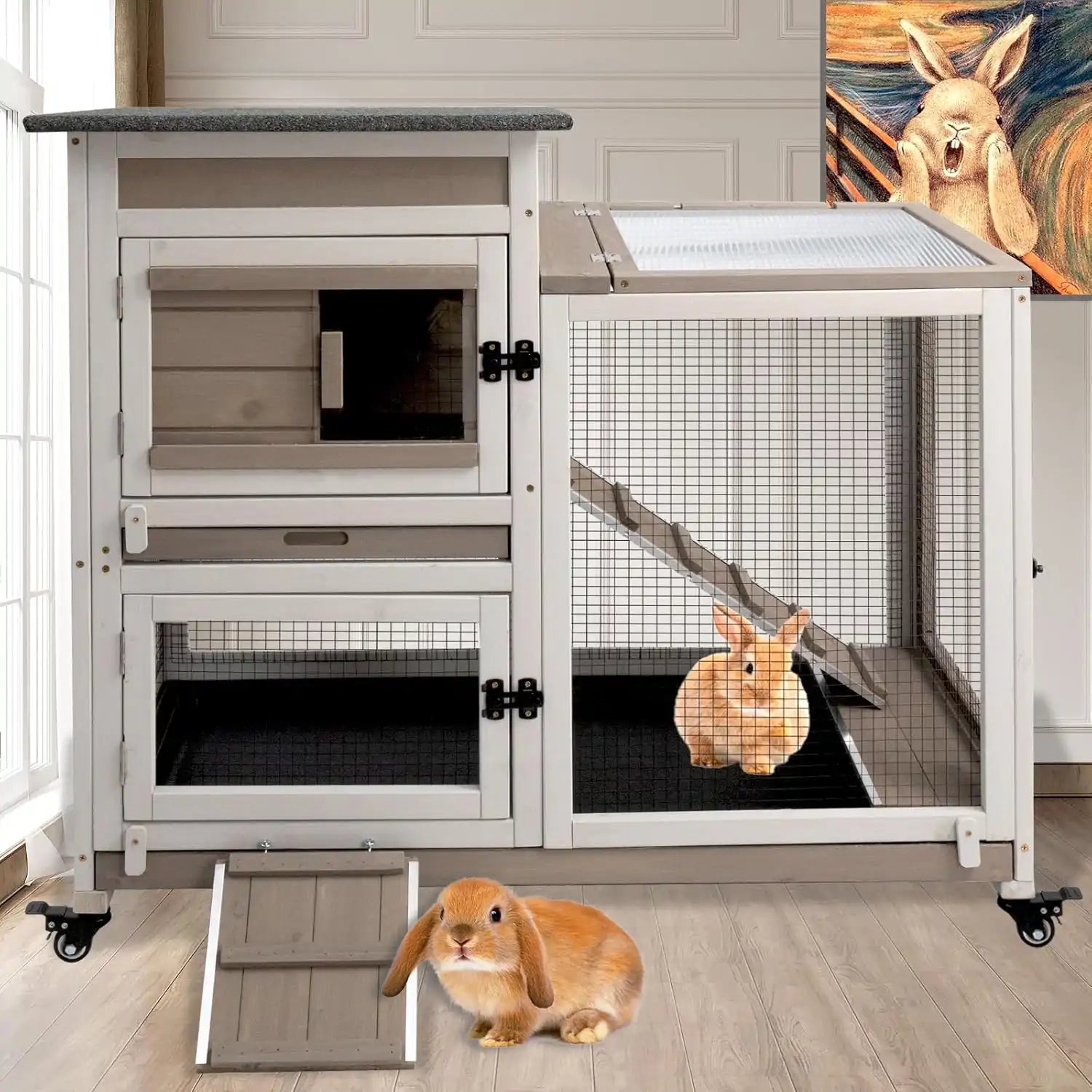 PETSCOSSET PET32 40″L two-story wooden rabbit hutch with wheels