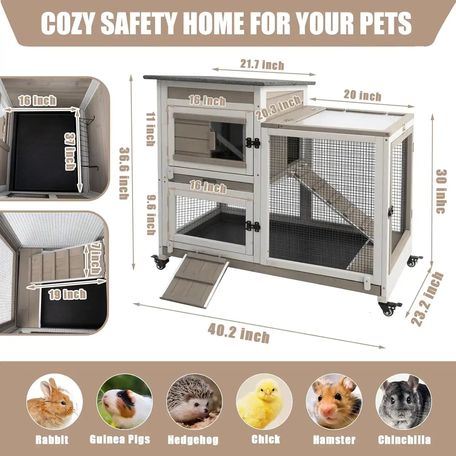 White and grey indoor hutch with run for rabbits or guinea pigs