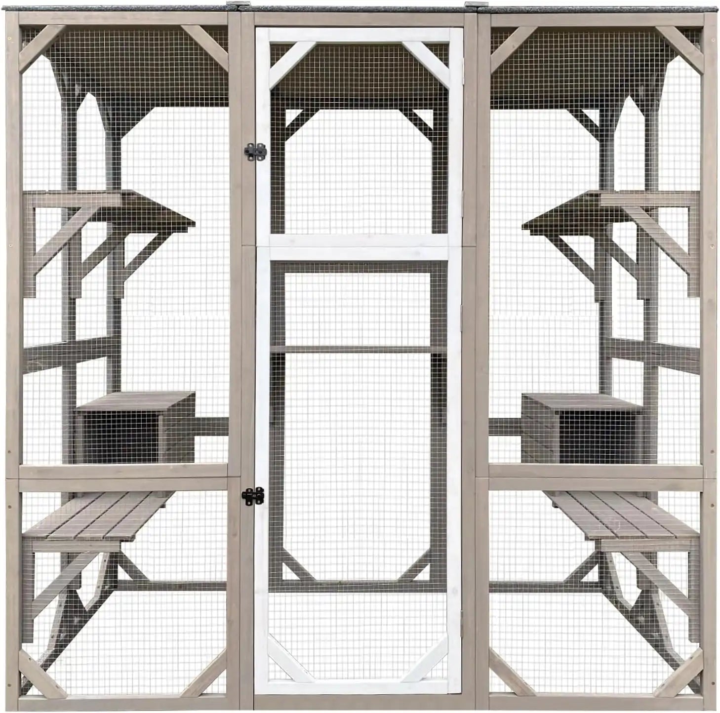 PETSCOSSET 71″ Catio Outdoor Cat Enclosure Large Wooden Cat House with 5 Platforms for Multiple Cats,Wood