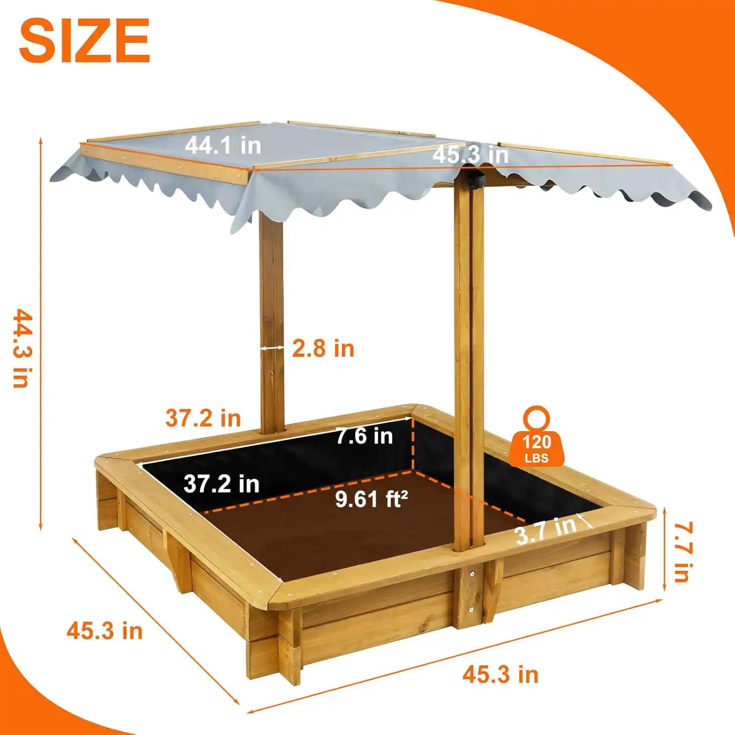 Outdoor kids’ sandbox with foldable lid in brown finish