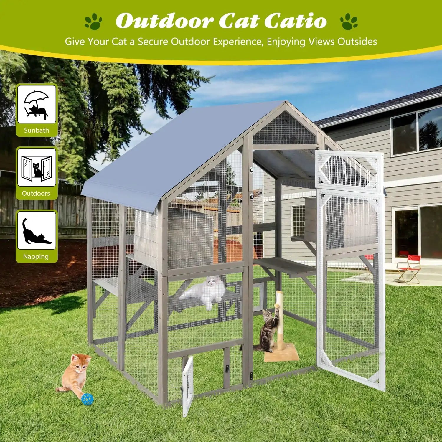 Wooden cat run with secure mesh panels for outdoor play